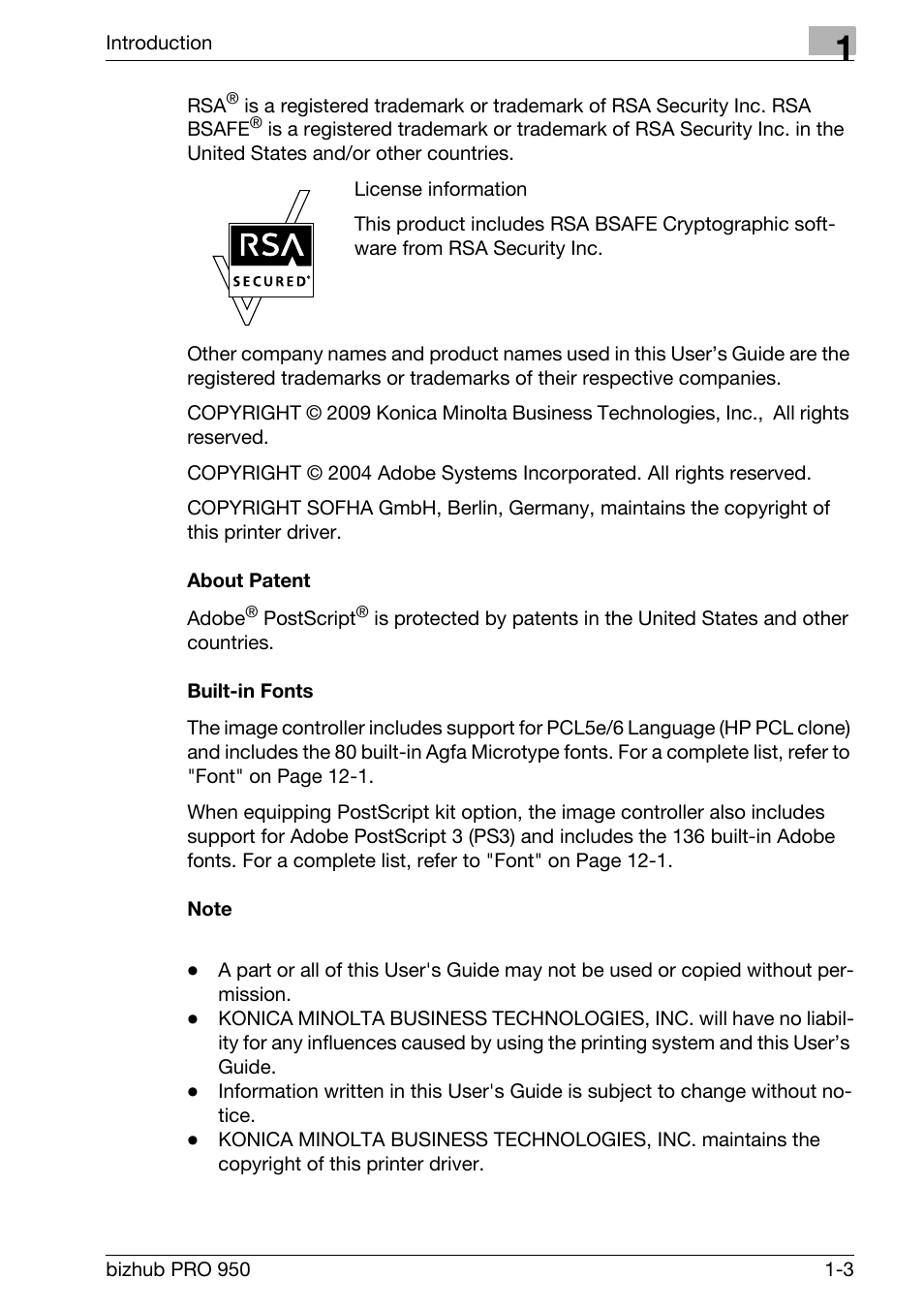 About patent, Built-in fonts, Note | Konica Minolta bizhub PRO 950 User Manual | Page 9 / 320