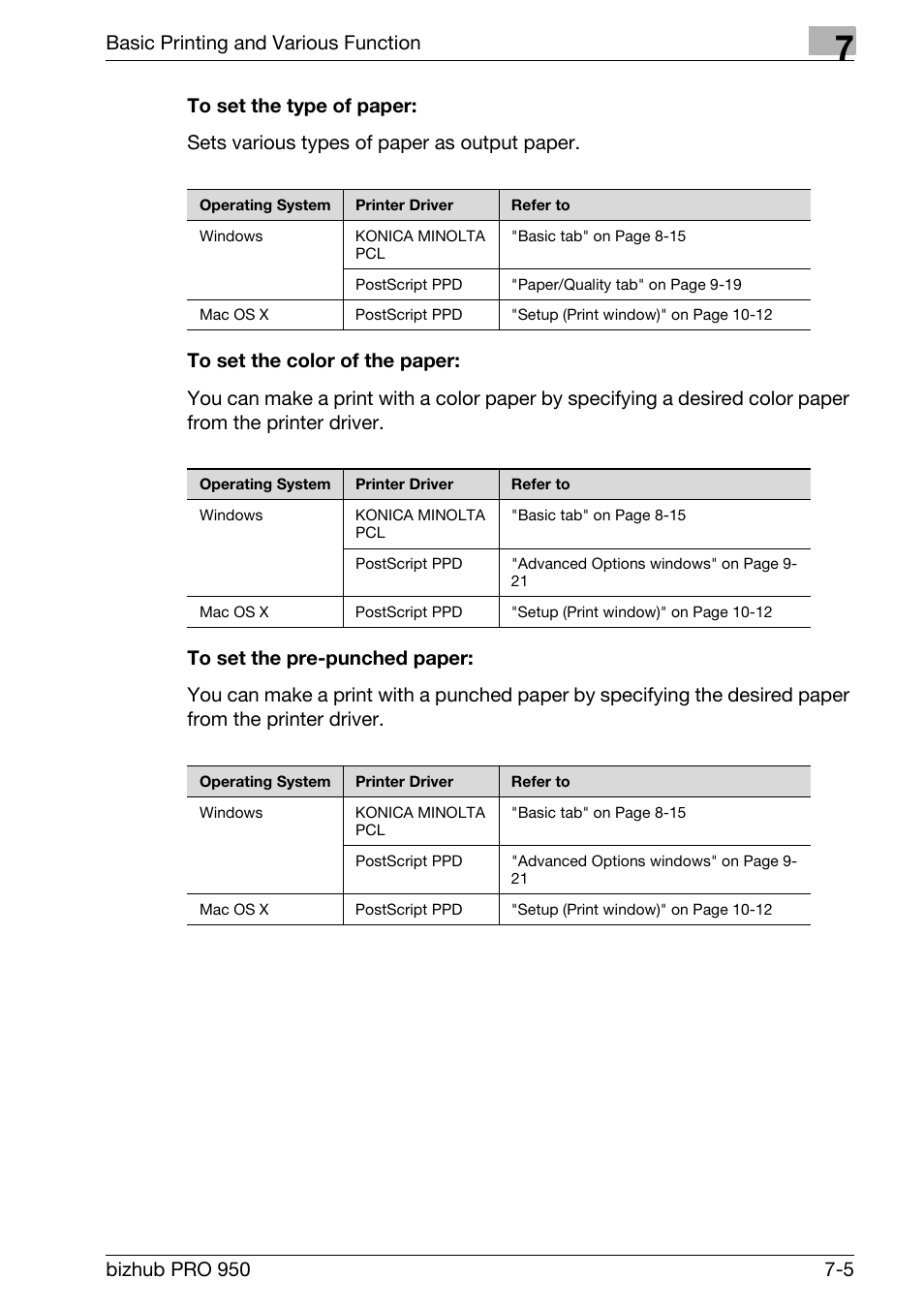 To set the type of paper, To set the color of the paper, To set the pre-punched paper | Basic printing and various function | Konica Minolta bizhub PRO 950 User Manual | Page 90 / 320