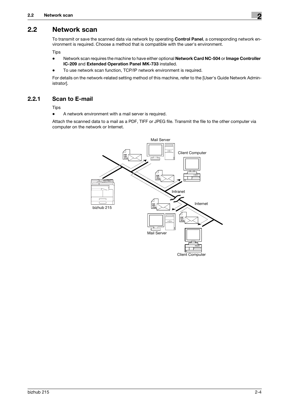 2 network scan, 1 scan to e-mail, Network scan -4 | Scan to e-mail -4, P. 2-4 | Konica Minolta Bizhub 215 User Manual | Page 12 / 91