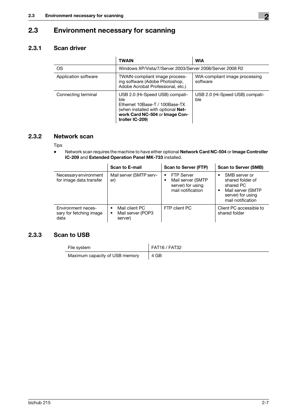 3 environment necessary for scanning, 1 scan driver, 2 network scan | 3 scan to usb, Environment necessary for scanning -7, Scan driver -7, Network scan -7, Scan to usb -7, 1 scan driver 2.3.2 network scan | Konica Minolta Bizhub 215 User Manual | Page 15 / 91