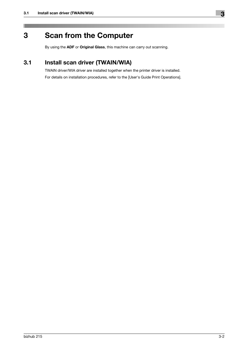 3 scan from the computer, 1 install scan driver (twain/wia), Scan from the computer | Install scan driver (twain/wia) -2, P. 3-2), 3scan from the computer | Konica Minolta Bizhub 215 User Manual | Page 17 / 91