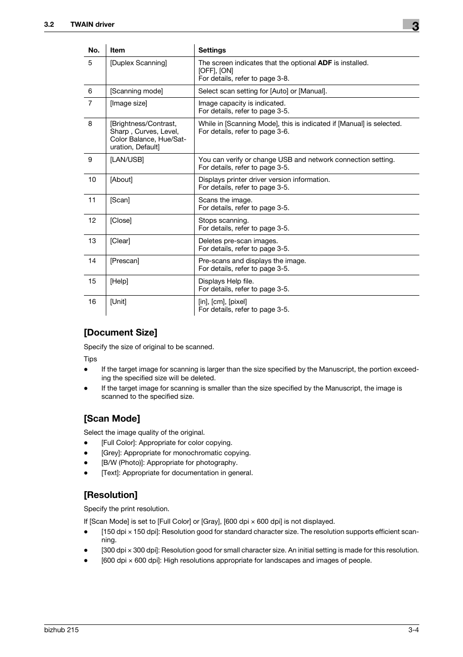 Document size, Scan mode, Resolution | Document size] -4 [scan mode] -4 [resolution] -4 | Konica Minolta Bizhub 215 User Manual | Page 19 / 91