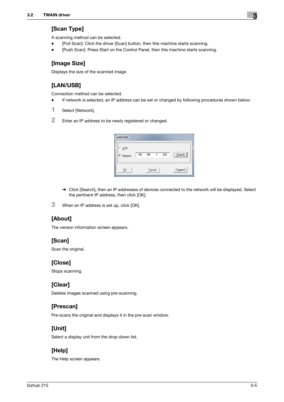 Scan type, Image size, Lan/usb | About, Scan, Close, Clear, Prescan, Unit, Help | Konica Minolta Bizhub 215 User Manual | Page 20 / 91