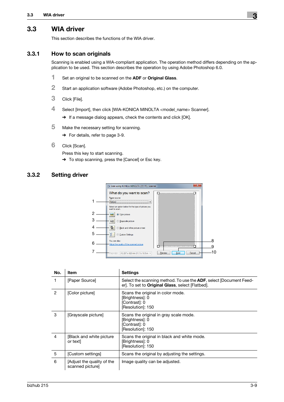 3 wia driver, 1 how to scan originals, 2 setting driver | Wia driver -9, How to scan originals -9, Setting driver -9, P. 3-9) | Konica Minolta Bizhub 215 User Manual | Page 24 / 91