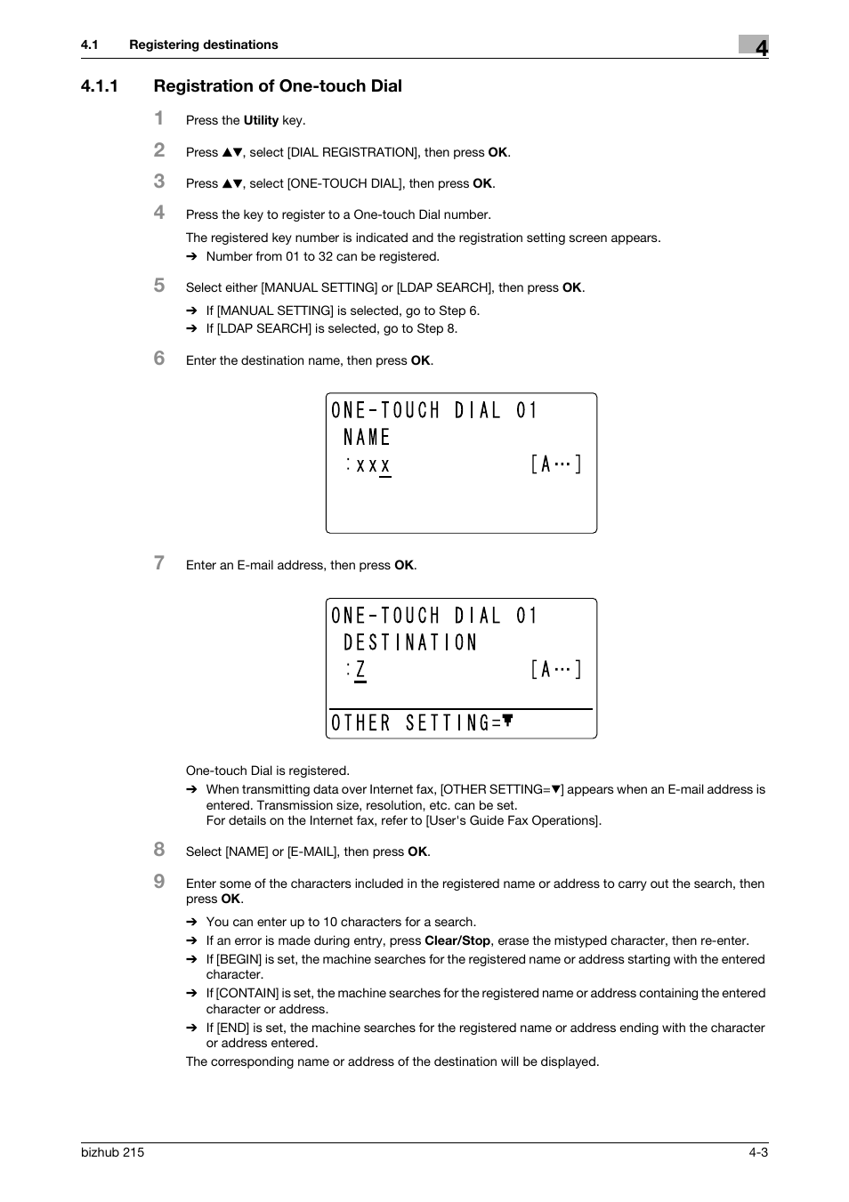 1 registration of one-touch dial, Registration of one-touch dial -3 | Konica Minolta Bizhub 215 User Manual | Page 29 / 91