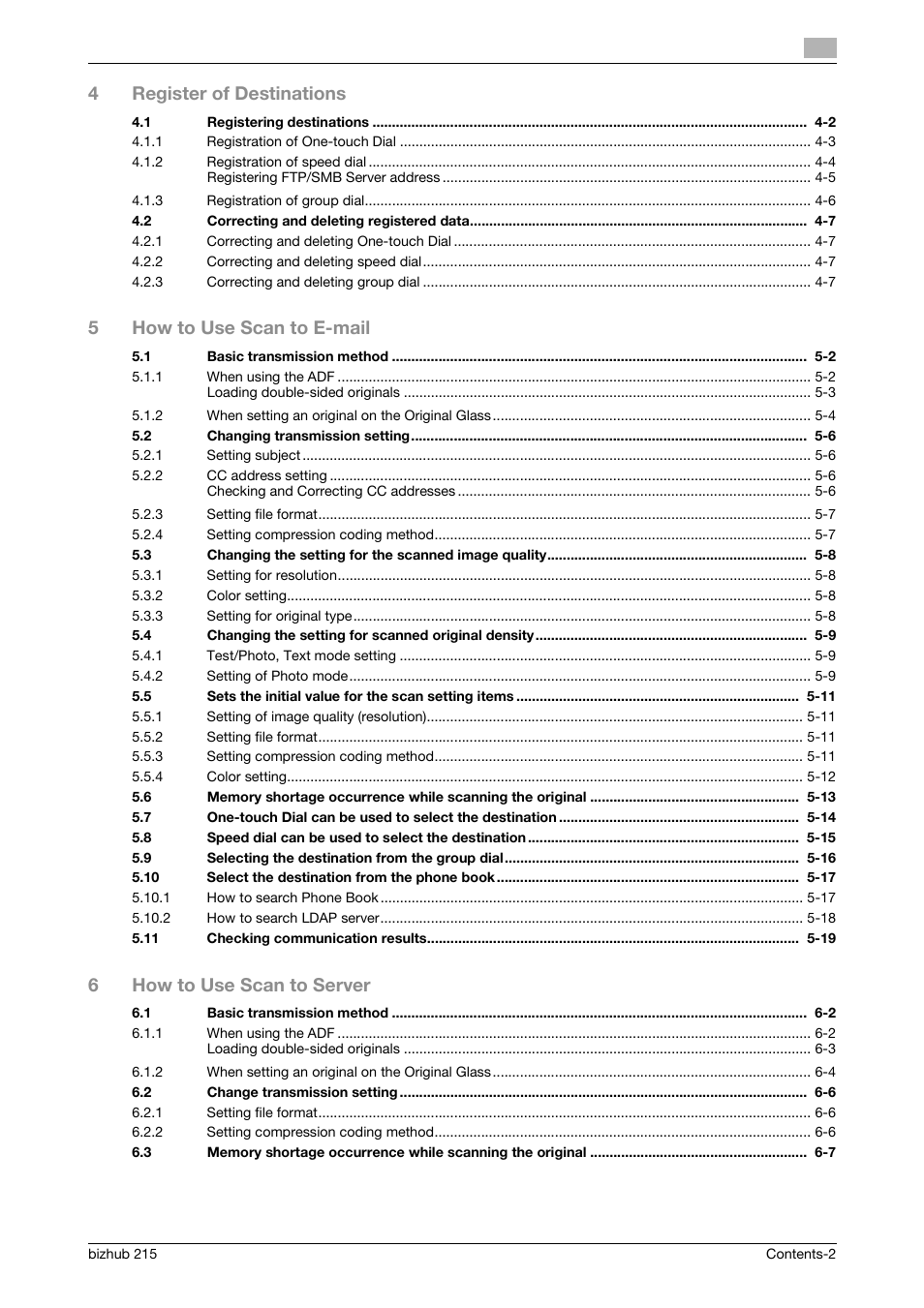 4register of destinations, 5how to use scan to e-mail, 6how to use scan to server | Konica Minolta Bizhub 215 User Manual | Page 3 / 91