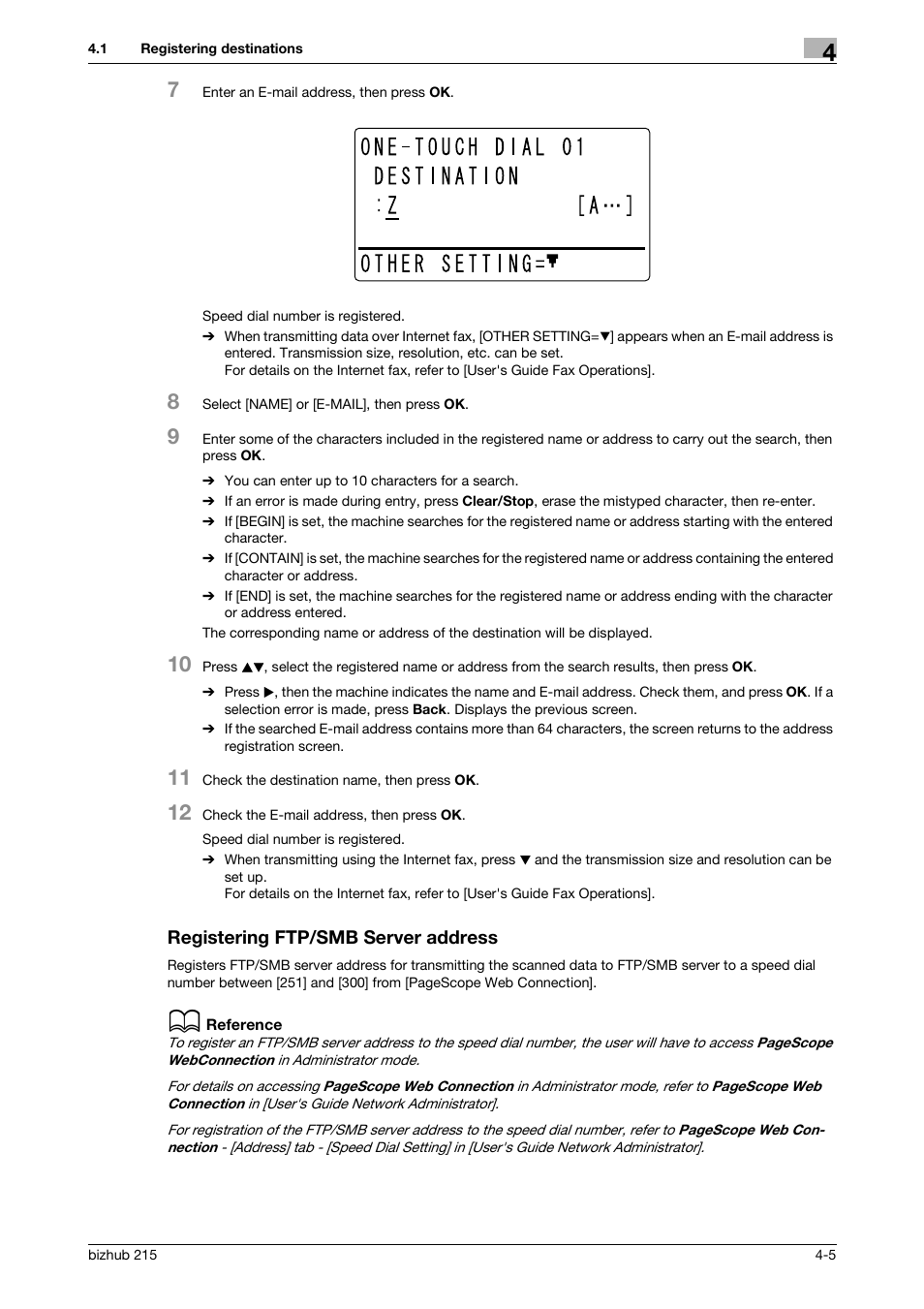 Registering ftp/smb server address, Registering ftp/smb server address -5 | Konica Minolta Bizhub 215 User Manual | Page 31 / 91