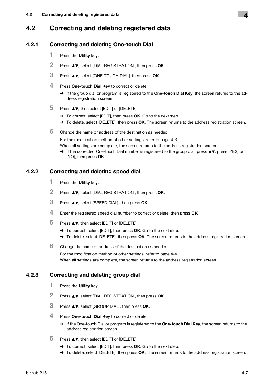2 correcting and deleting registered data, 1 correcting and deleting one-touch dial, 2 correcting and deleting speed dial | 3 correcting and deleting group dial, Correcting and deleting registered data -7, Correcting and deleting one-touch dial -7, Correcting and deleting speed dial -7, Correcting and deleting group dial -7 | Konica Minolta Bizhub 215 User Manual | Page 33 / 91