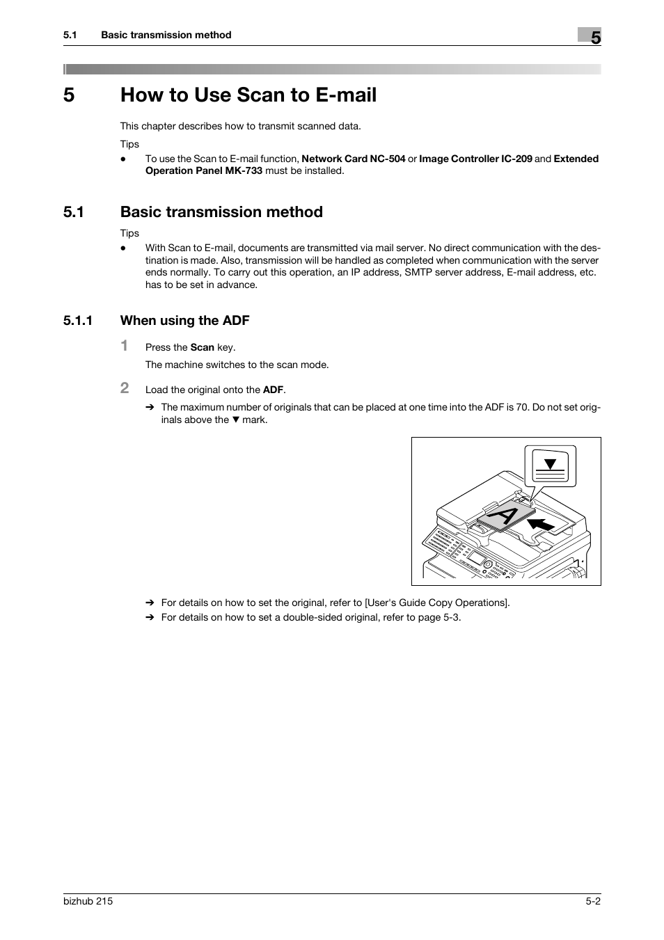 5 how to use scan to e-mail, 1 basic transmission method, 1 when using the adf | How to use scan to e-mail, Basic transmission method -2, When using the adf -2, P. 5-2), 5how to use scan to e-mail | Konica Minolta Bizhub 215 User Manual | Page 36 / 91