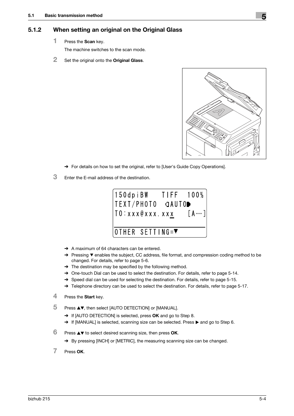 2 when setting an original on the original glass, When setting an original on the original glass -4 | Konica Minolta Bizhub 215 User Manual | Page 38 / 91