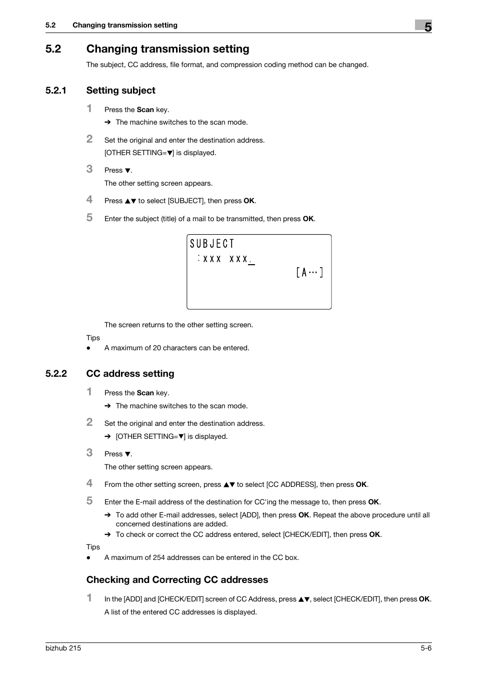 2 changing transmission setting, 1 setting subject, 2 cc address setting | Checking and correcting cc addresses, Changing transmission setting -6, Setting subject -6 | Konica Minolta Bizhub 215 User Manual | Page 40 / 91