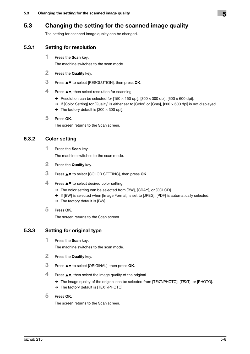 1 setting for resolution, 2 color setting, 3 setting for original type | Setting for resolution -8, Color setting -8, Setting for original type -8 | Konica Minolta Bizhub 215 User Manual | Page 42 / 91