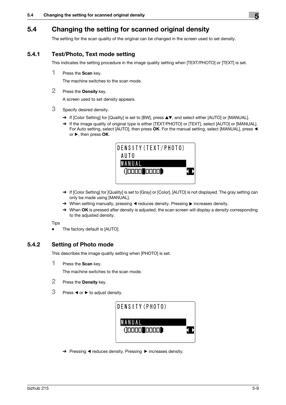 1 test/photo, text mode setting, 2 setting of photo mode, Test/photo, text mode setting -9 | Setting of photo mode -9 | Konica Minolta Bizhub 215 User Manual | Page 43 / 91