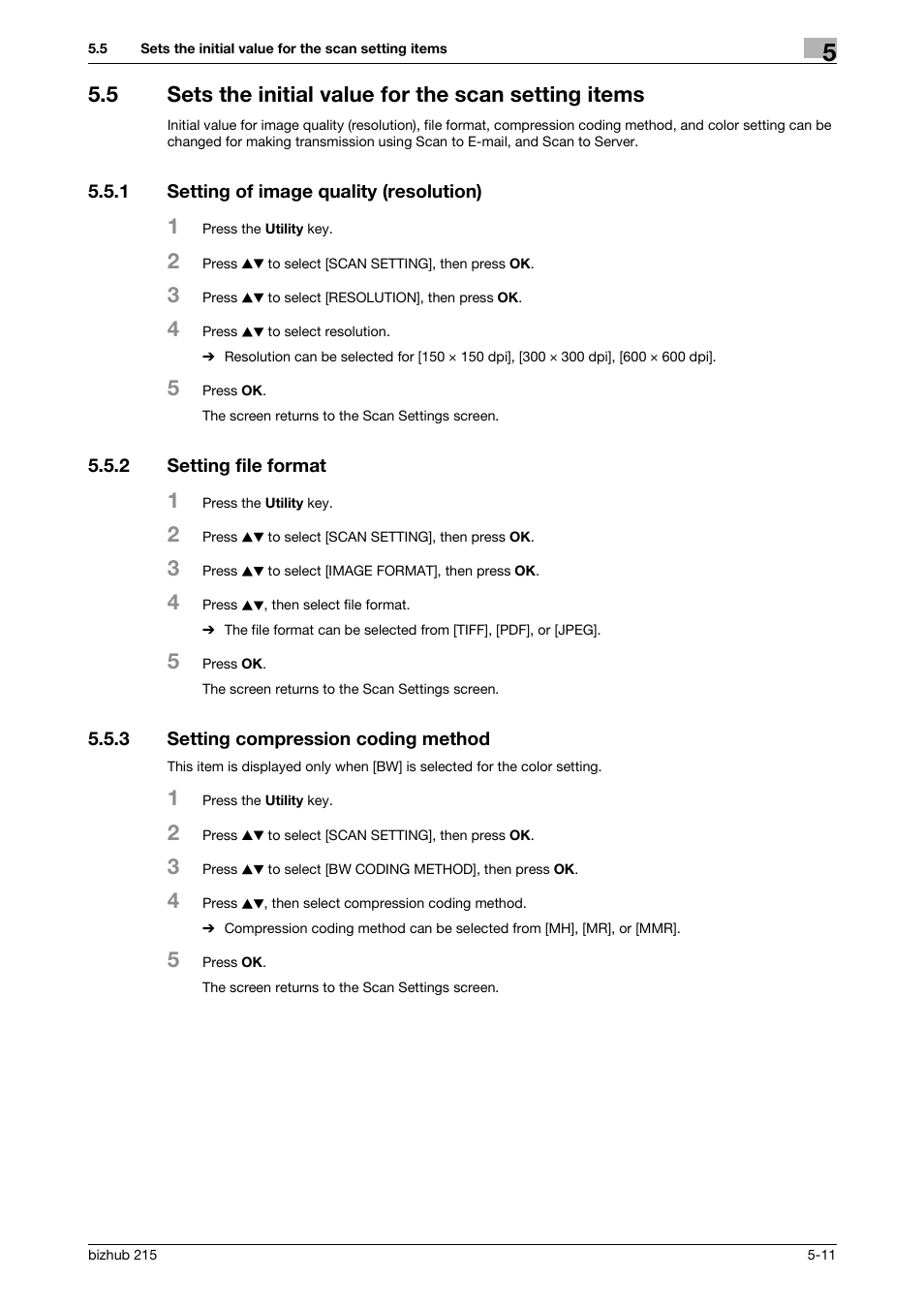 1 setting of image quality (resolution), 2 setting file format, 3 setting compression coding method | Setting of image quality (resolution) -11, Setting file format -11, Setting compression coding method -11 | Konica Minolta Bizhub 215 User Manual | Page 45 / 91