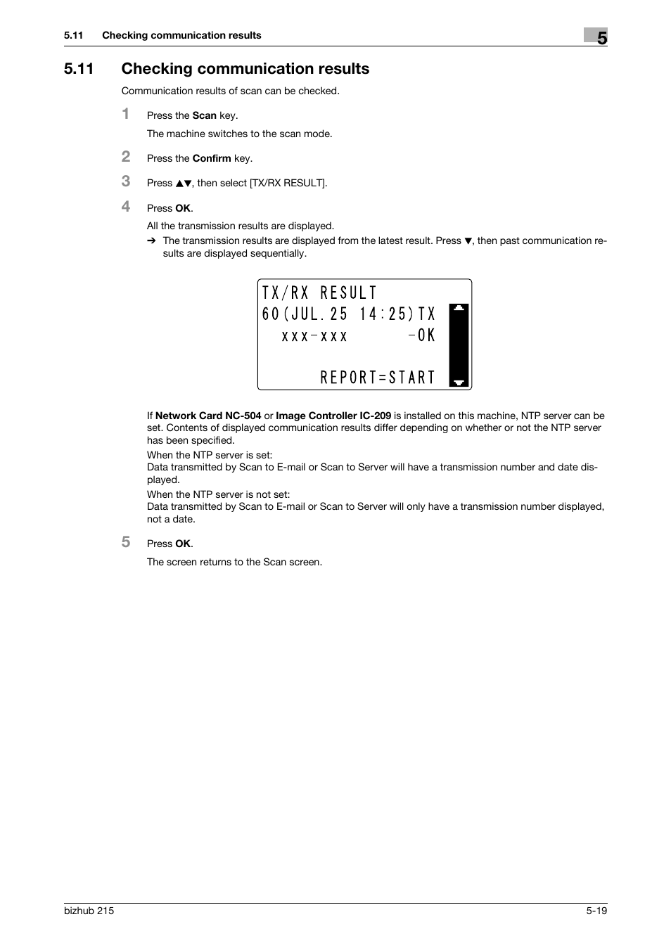 11 checking communication results, Checking communication results -19 | Konica Minolta Bizhub 215 User Manual | Page 53 / 91