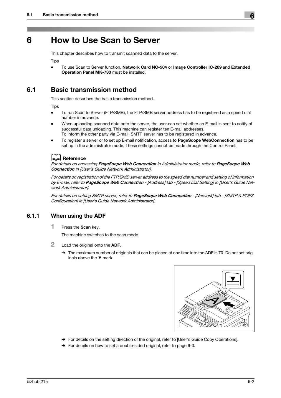 6 how to use scan to server, 1 basic transmission method, 1 when using the adf | How to use scan to server, Basic transmission method -2, When using the adf -2, P. 6-2), 6how to use scan to server | Konica Minolta Bizhub 215 User Manual | Page 55 / 91