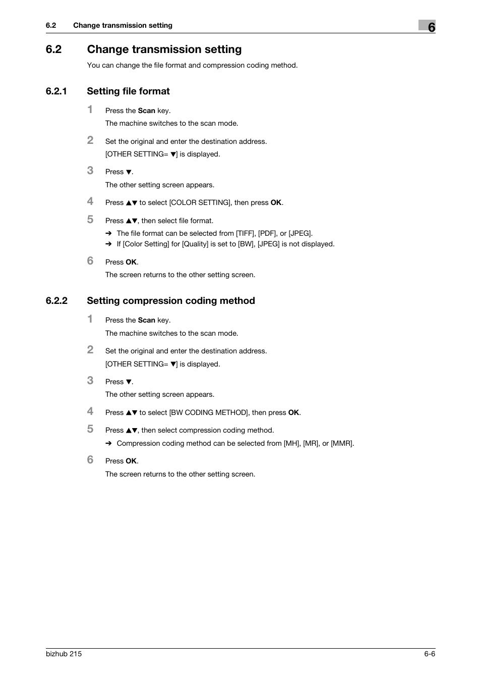 2 change transmission setting, 1 setting file format, 2 setting compression coding method | Change transmission setting -6, Setting file format -6, Setting compression coding method -6 | Konica Minolta Bizhub 215 User Manual | Page 59 / 91