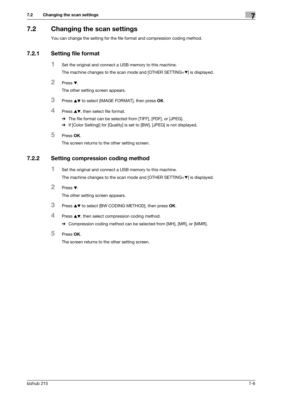 2 changing the scan settings, 1 setting file format, 2 setting compression coding method | Changing the scan settings -6, Setting file format -6, Setting compression coding method -6 | Konica Minolta Bizhub 215 User Manual | Page 66 / 91