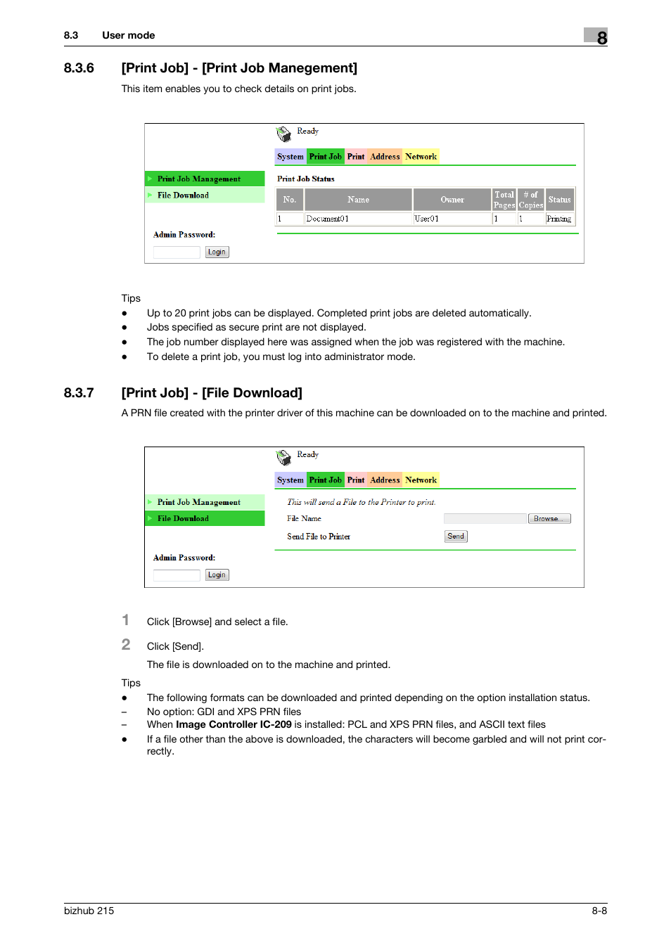 6 [print job] - [print job manegement, 7 [print job] - [file download, Print job] - [print job manegement] -8 | Print job] - [file download] -8 | Konica Minolta Bizhub 215 User Manual | Page 74 / 91