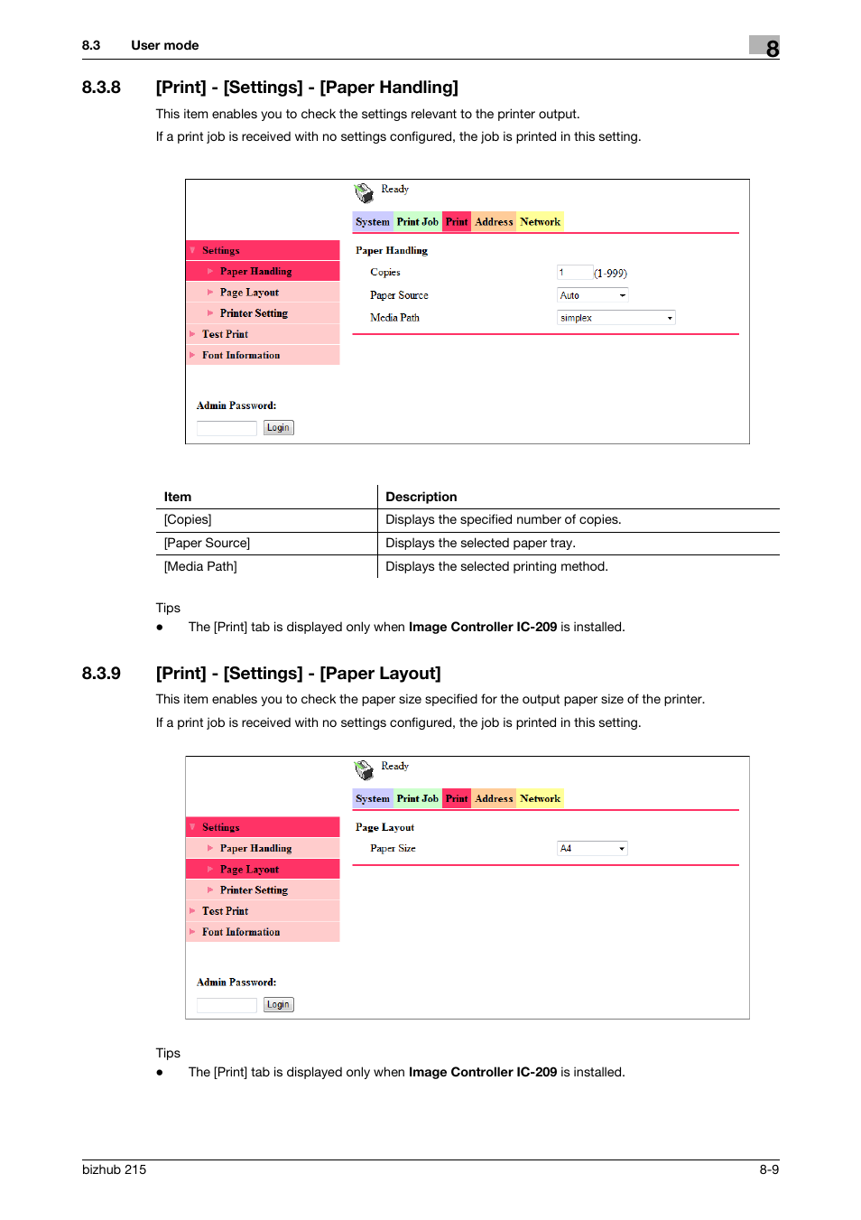 8 [print] - [settings] - [paper handling, 9 [print] - [settings] - [paper layout, Print] - [settings] - [paper handling] -9 | Print] - [settings] - [paper layout] -9 | Konica Minolta Bizhub 215 User Manual | Page 75 / 91