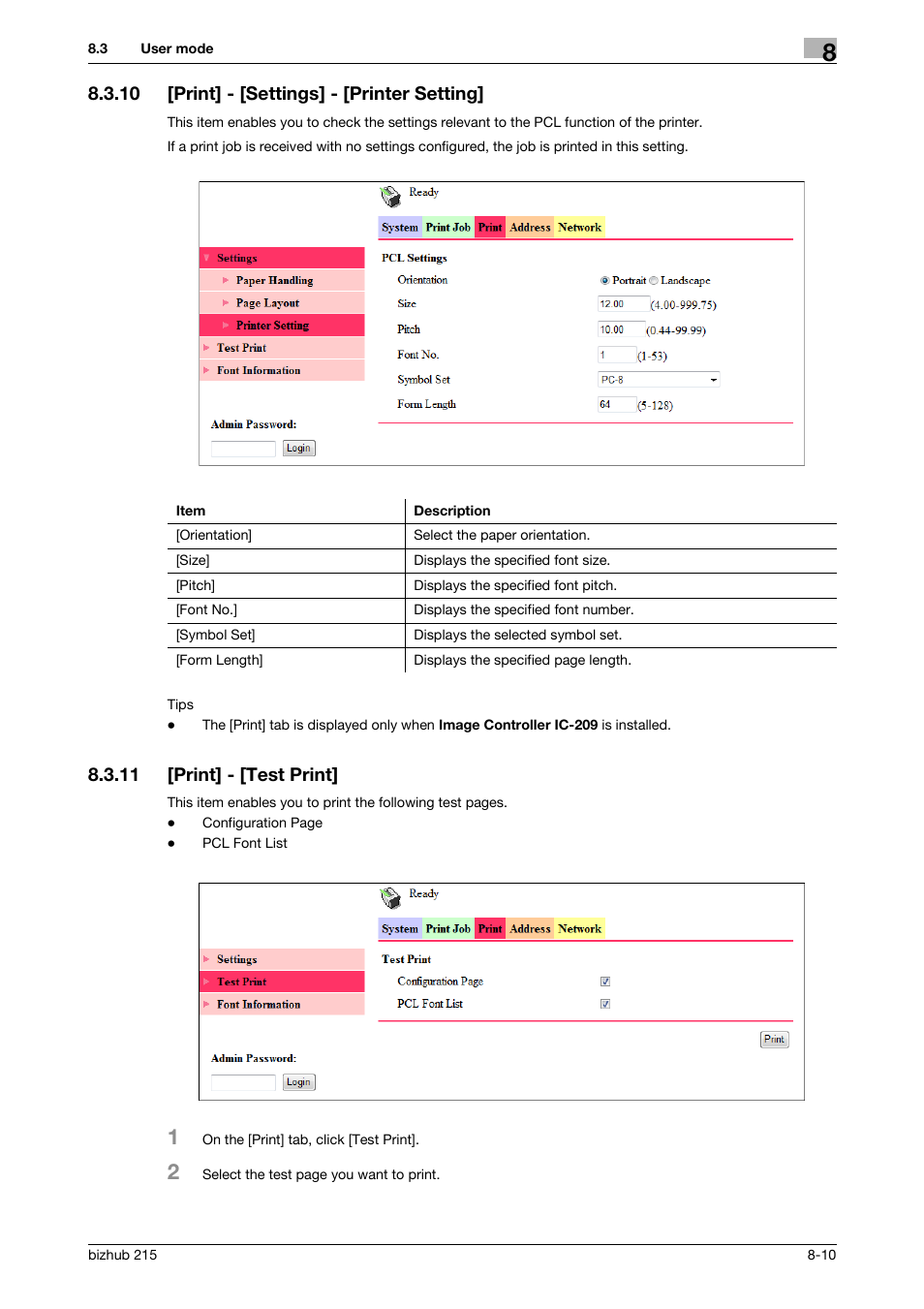 10 [print] - [settings] - [printer setting, 11 [print] - [test print, Print] - [settings] - [printer setting] -10 | Print] - [test print] -10 | Konica Minolta Bizhub 215 User Manual | Page 76 / 91