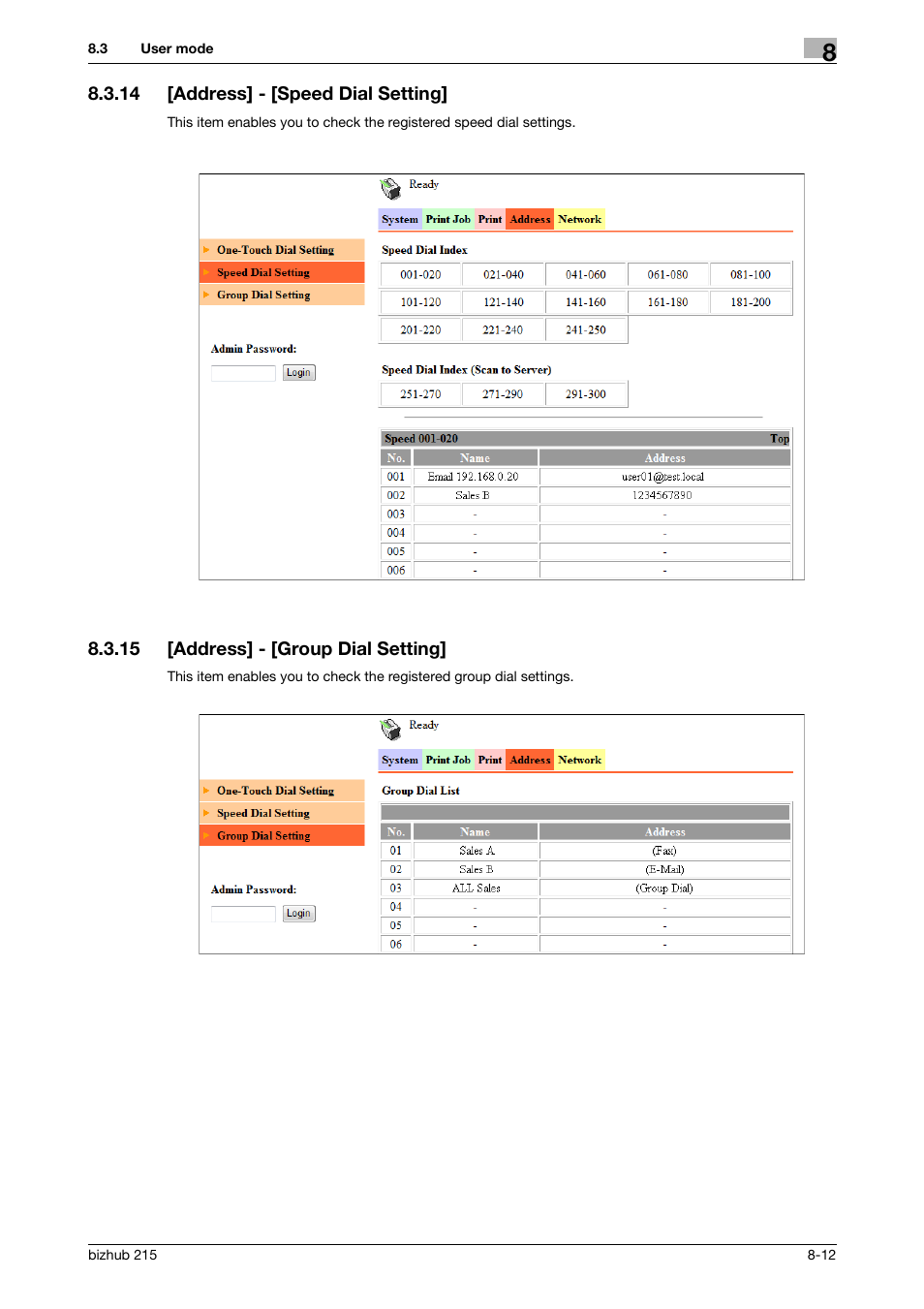 14 [address] - [speed dial setting, 15 [address] - [group dial setting, Address] - [speed dial setting] -12 | Address] - [group dial setting] -12 | Konica Minolta Bizhub 215 User Manual | Page 78 / 91