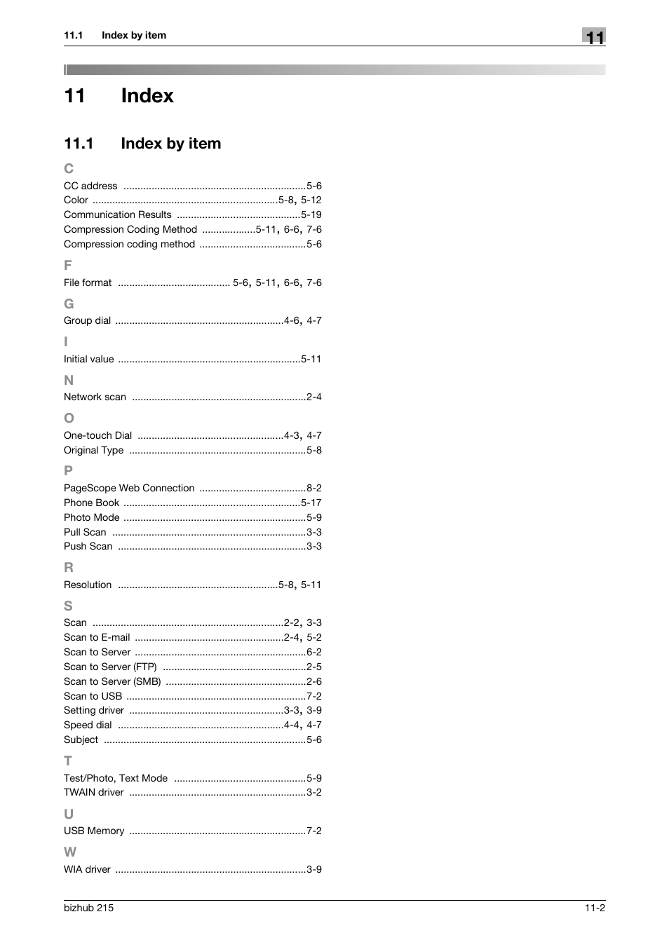 11 index, 1 index by item, Index | Index by item -2 | Konica Minolta Bizhub 215 User Manual | Page 88 / 91