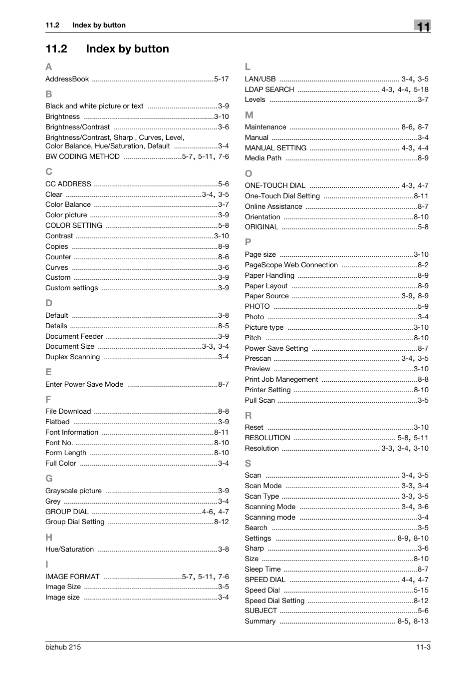 2 index by button, Index by button -3 | Konica Minolta Bizhub 215 User Manual | Page 89 / 91