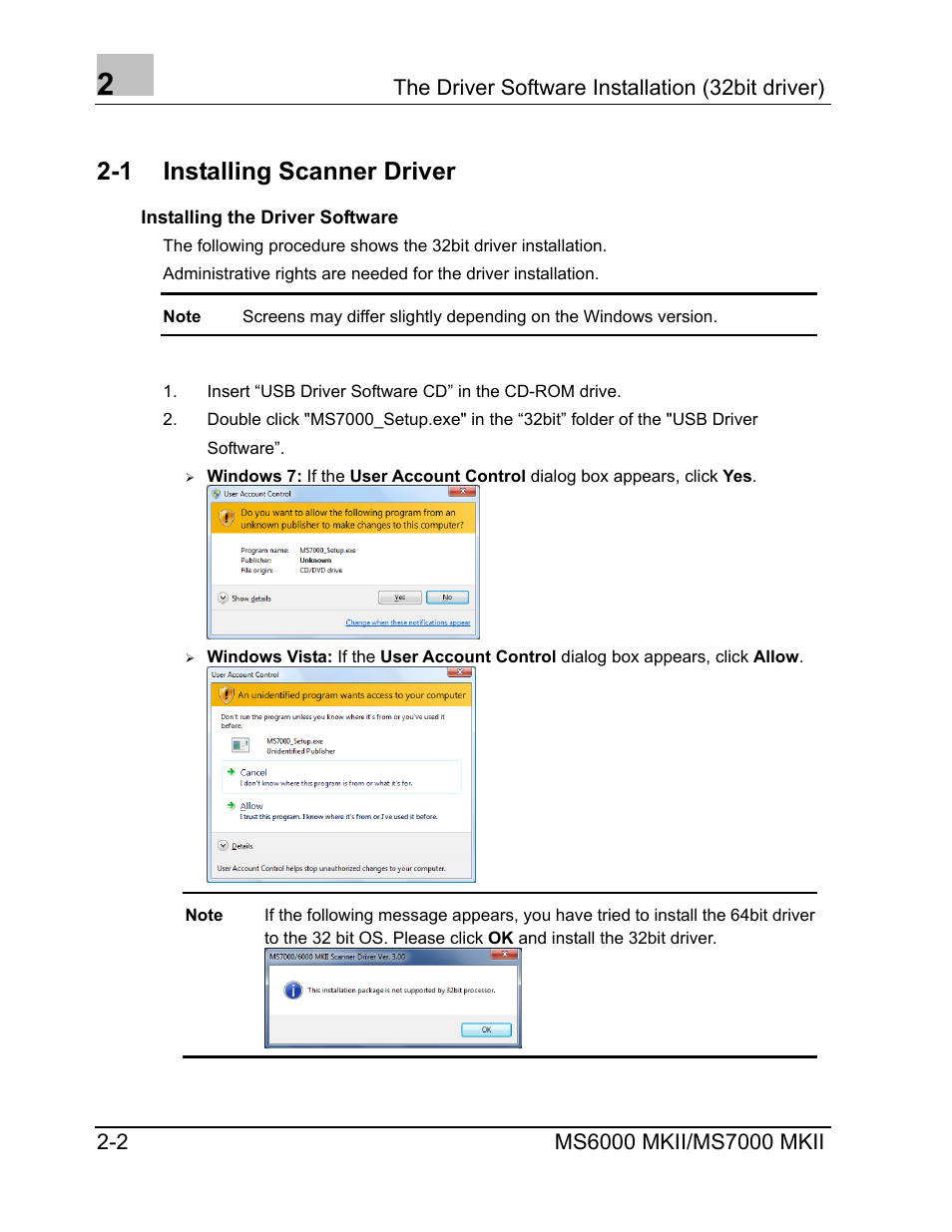 Installing scanner driver, Installing the driver software, Installing the driver software -2 | 1 installing scanner driver | Konica Minolta MS7000 MKII User Manual | Page 10 / 72