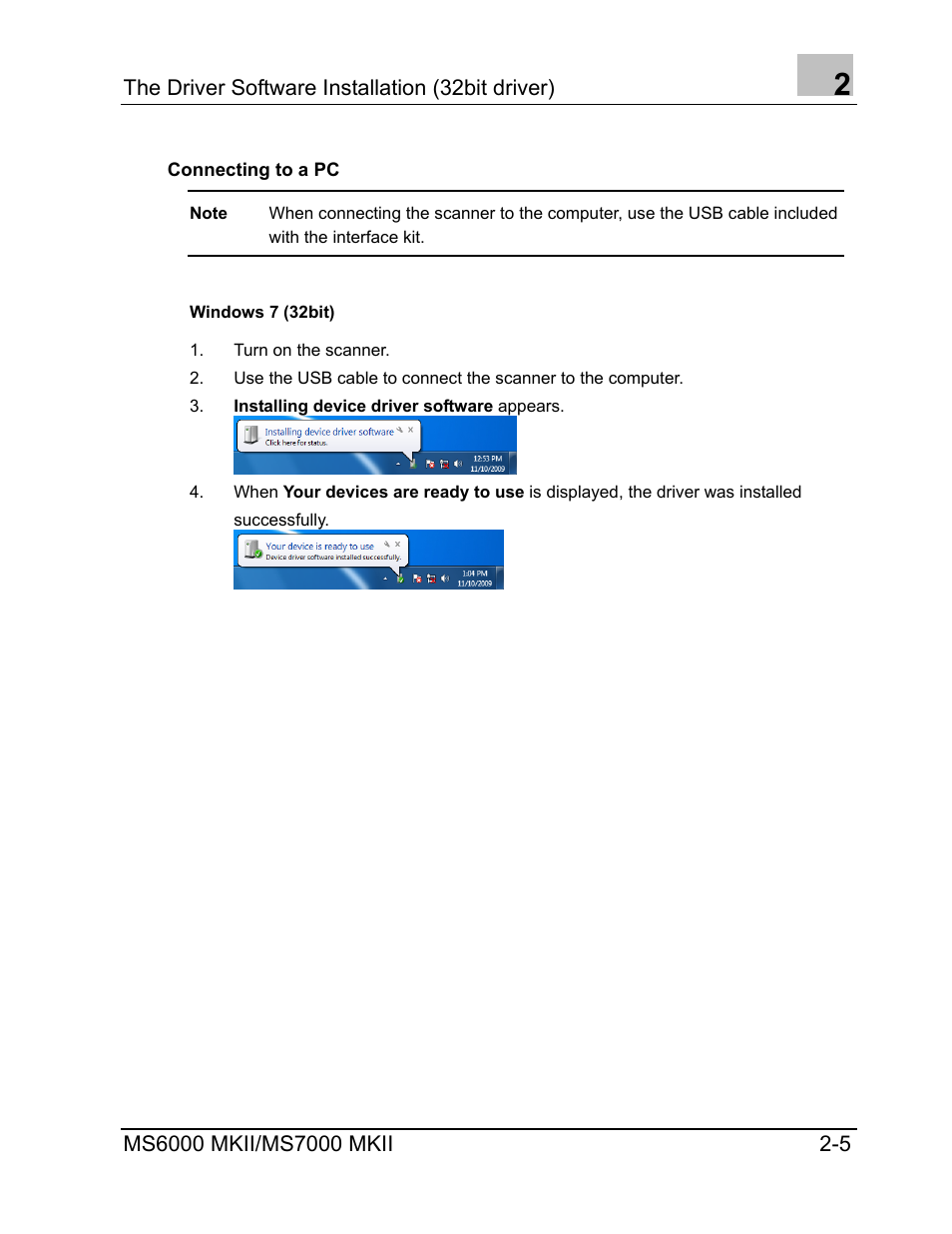 Connecting to a pc, Windows 7 (32bit), Connecting to a pc -5 | Konica Minolta MS7000 MKII User Manual | Page 13 / 72