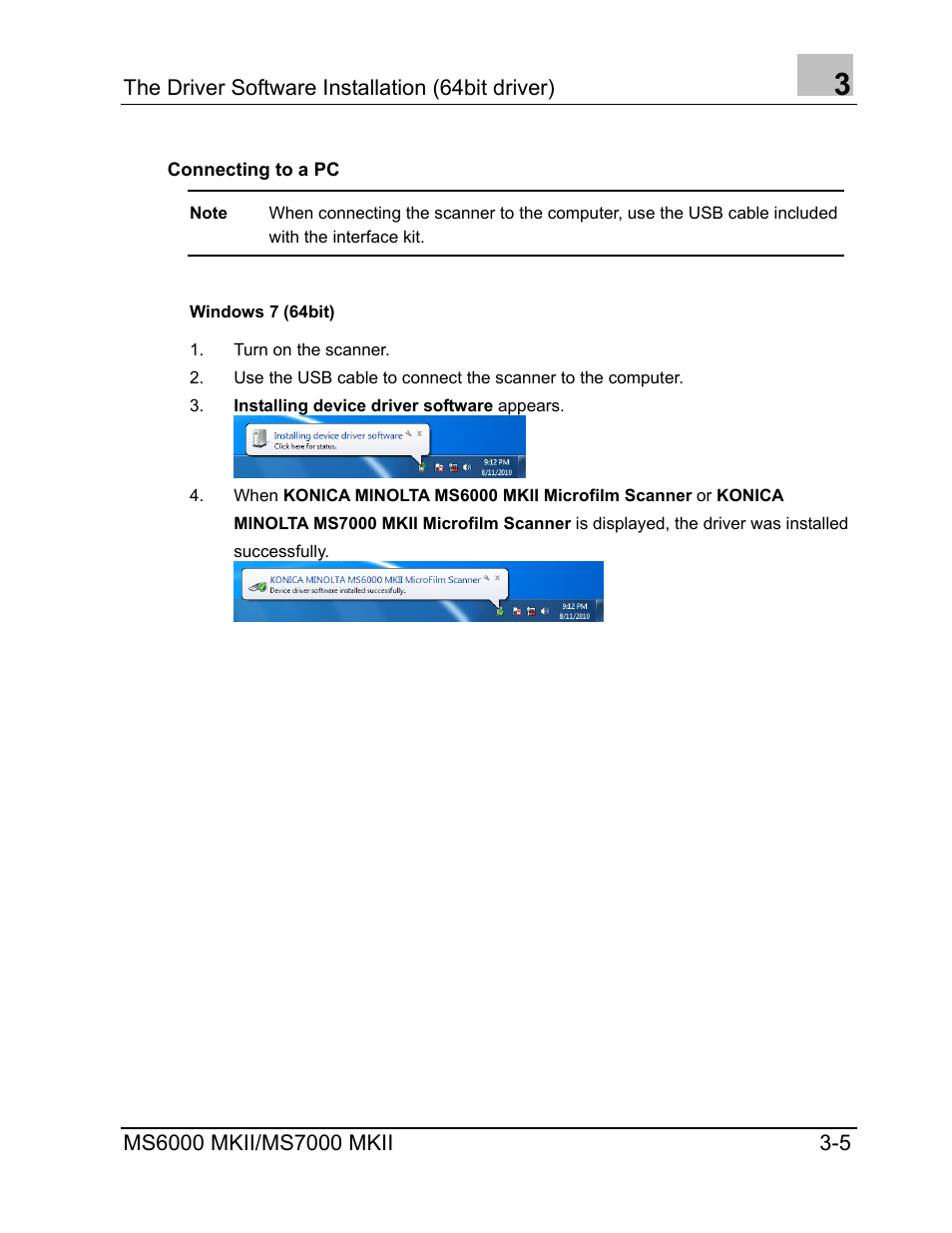 Connecting to a pc, Windows 7 (64bit), Connecting to a pc -5 | Konica Minolta MS7000 MKII User Manual | Page 31 / 72