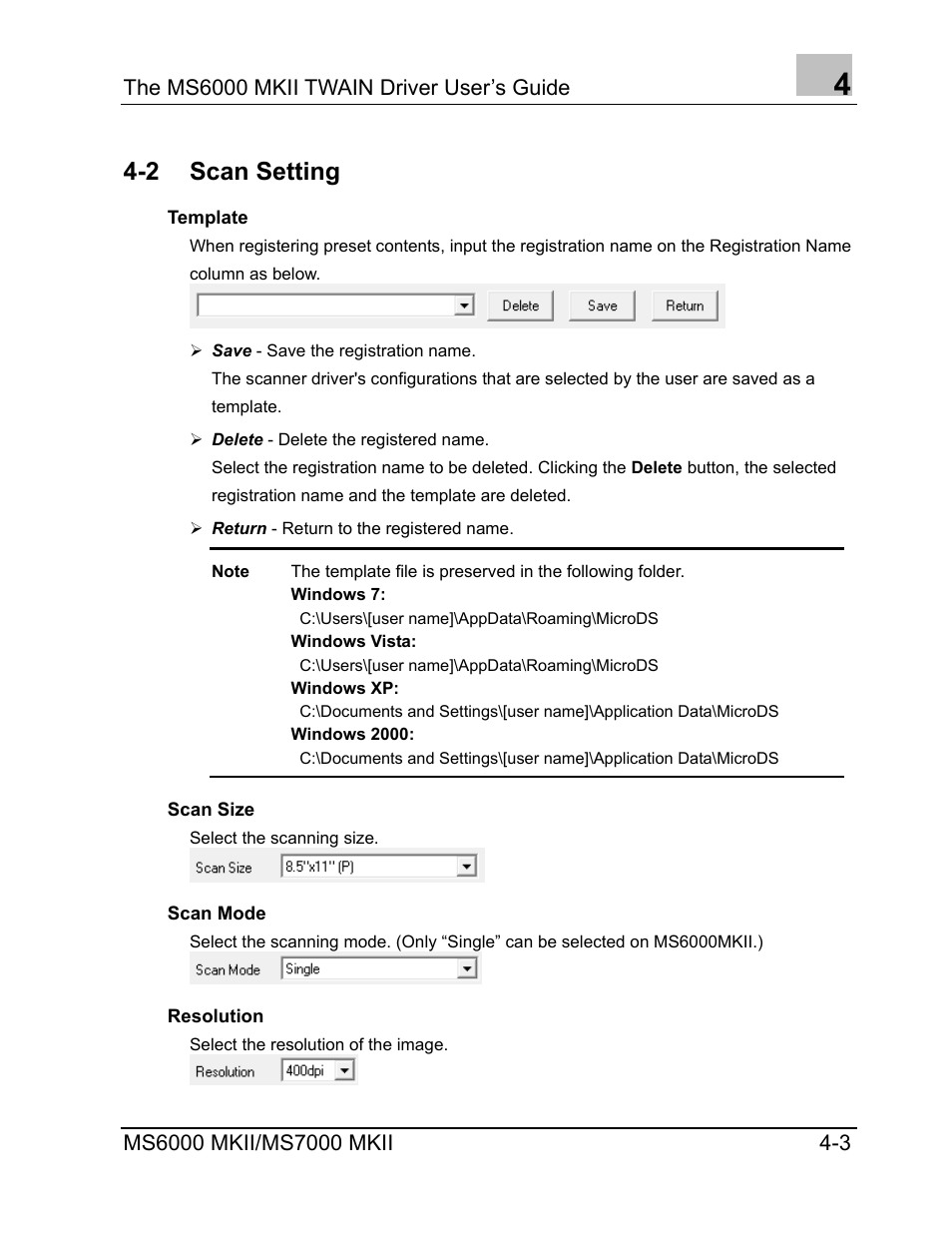 Scan setting, Template, Scan size | Scan mode, Resolution, Template -3, Scan size -3, Scan mode -3, Resolution -3, 2 scan setting | Konica Minolta MS7000 MKII User Manual | Page 43 / 72