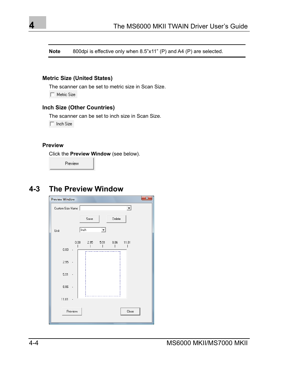 Metric size (united states), Inch size (other countries), Preview | The preview window, Metric size (united states) -4, Inch size (other countries) -4, Preview -4, 3 the preview window | Konica Minolta MS7000 MKII User Manual | Page 44 / 72