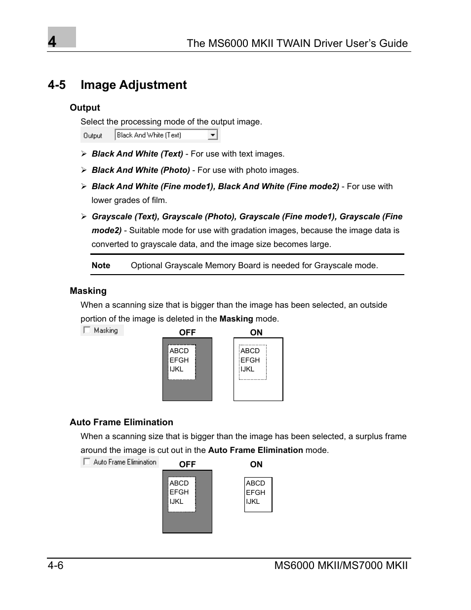Image adjustment, Output, Masking | Auto frame elimination, Output -6, Masking -6, Auto frame elimination -6, 5 image adjustment | Konica Minolta MS7000 MKII User Manual | Page 46 / 72