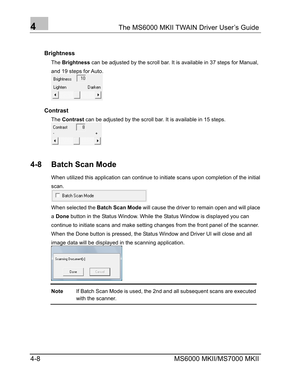 Brightness, Contrast, Batch scan mode | Brightness -8, Contrast -8, 8 batch scan mode | Konica Minolta MS7000 MKII User Manual | Page 48 / 72