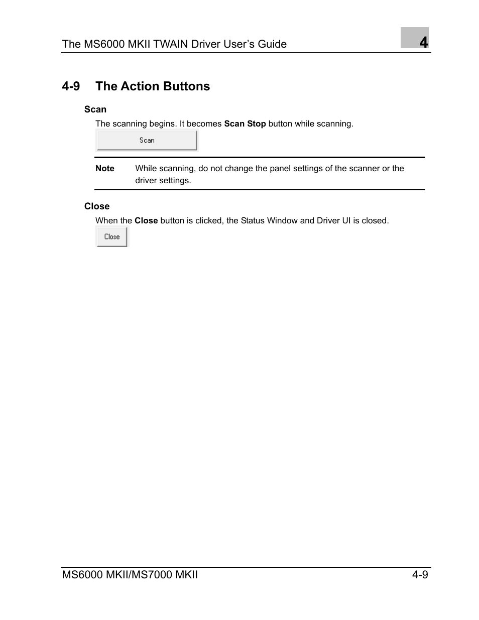 The action buttons, Scan, Close | Scan -9, Close -9, 9 the action buttons | Konica Minolta MS7000 MKII User Manual | Page 49 / 72