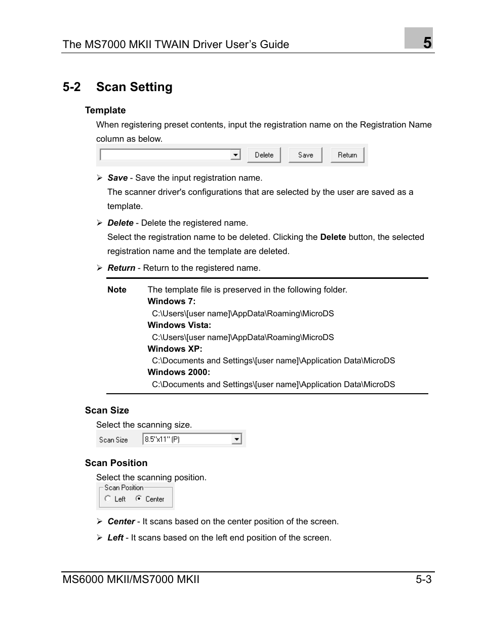 Scan setting, Template, Scan size | Scan position, Template -3, Scan size -3, Scan position -3, 2 scan setting | Konica Minolta MS7000 MKII User Manual | Page 51 / 72