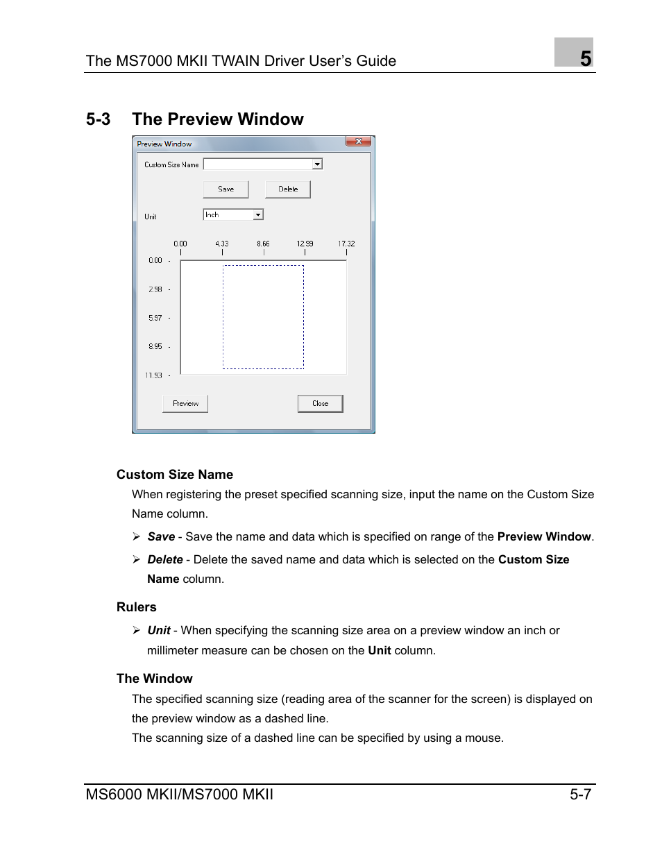 The preview window, Custom size name, Rulers | The window, Custom size name -7, Rulers -7, The window -7, 3 the preview window | Konica Minolta MS7000 MKII User Manual | Page 55 / 72