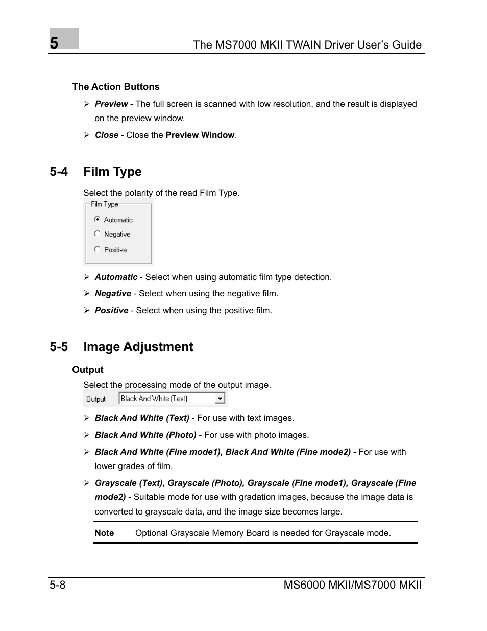 The action buttons, Film type, Image adjustment | Output, The action buttons -8, Output -8, 4 film type, 5 image adjustment | Konica Minolta MS7000 MKII User Manual | Page 56 / 72