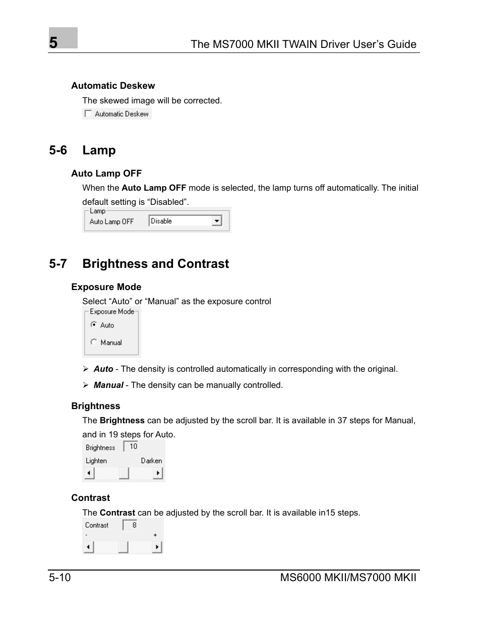 Automatic deskew, Lamp, Auto lamp off | Brightness and contrast, Exposure mode, Brightness, Contrast, Automatic deskew -10, Auto lamp off -10, Exposure mode -10 | Konica Minolta MS7000 MKII User Manual | Page 58 / 72