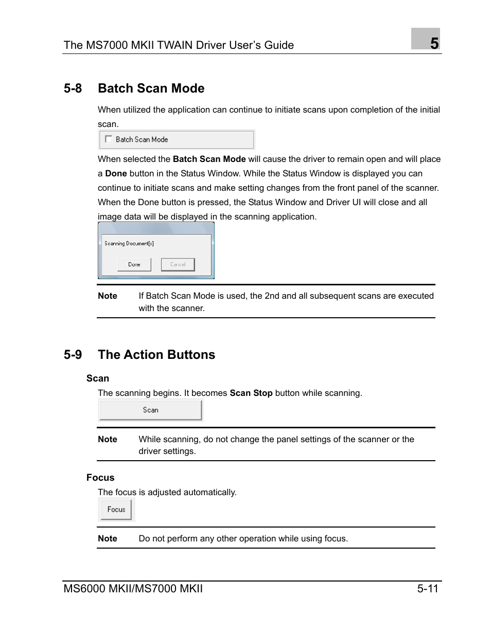 Batch scan mode, The action buttons, Scan | Focus, Scan -11, Focus -11, 8 batch scan mode, 9 the action buttons | Konica Minolta MS7000 MKII User Manual | Page 59 / 72