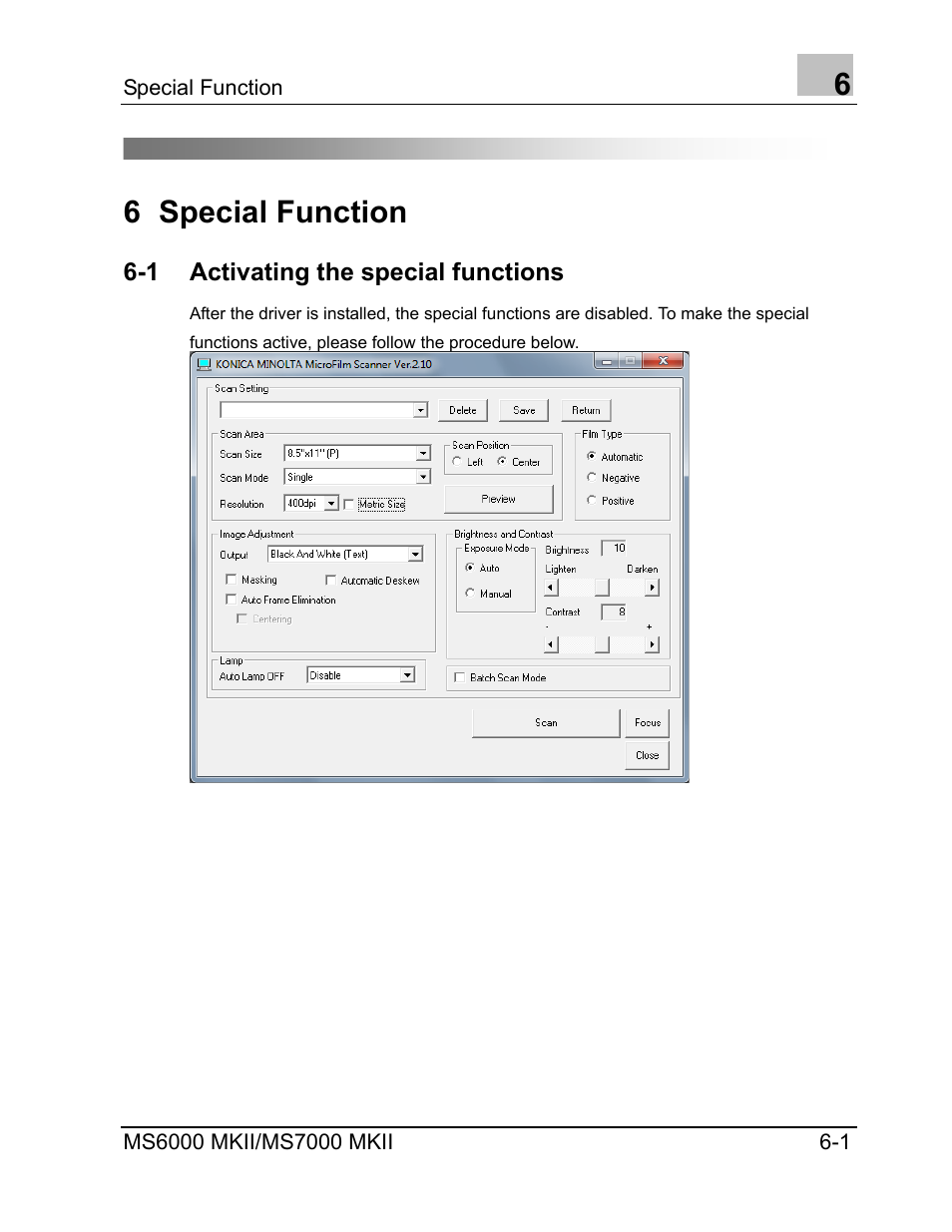 Special function, Activating the special functions, 6 special function | Konica Minolta MS7000 MKII User Manual | Page 61 / 72