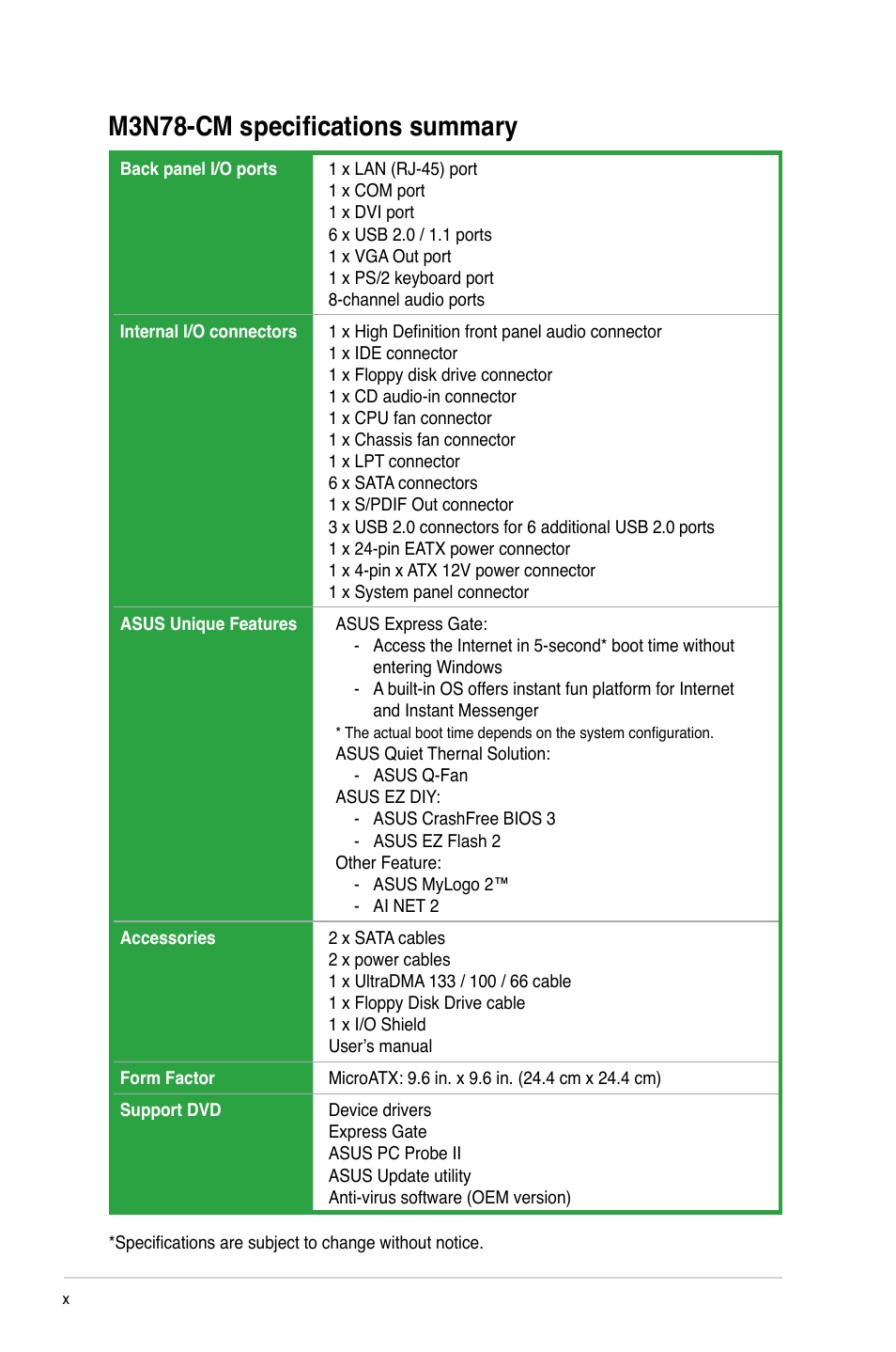 M3n78-cm specifications summary | Asus M3N78-CM User Manual | Page 10 / 62