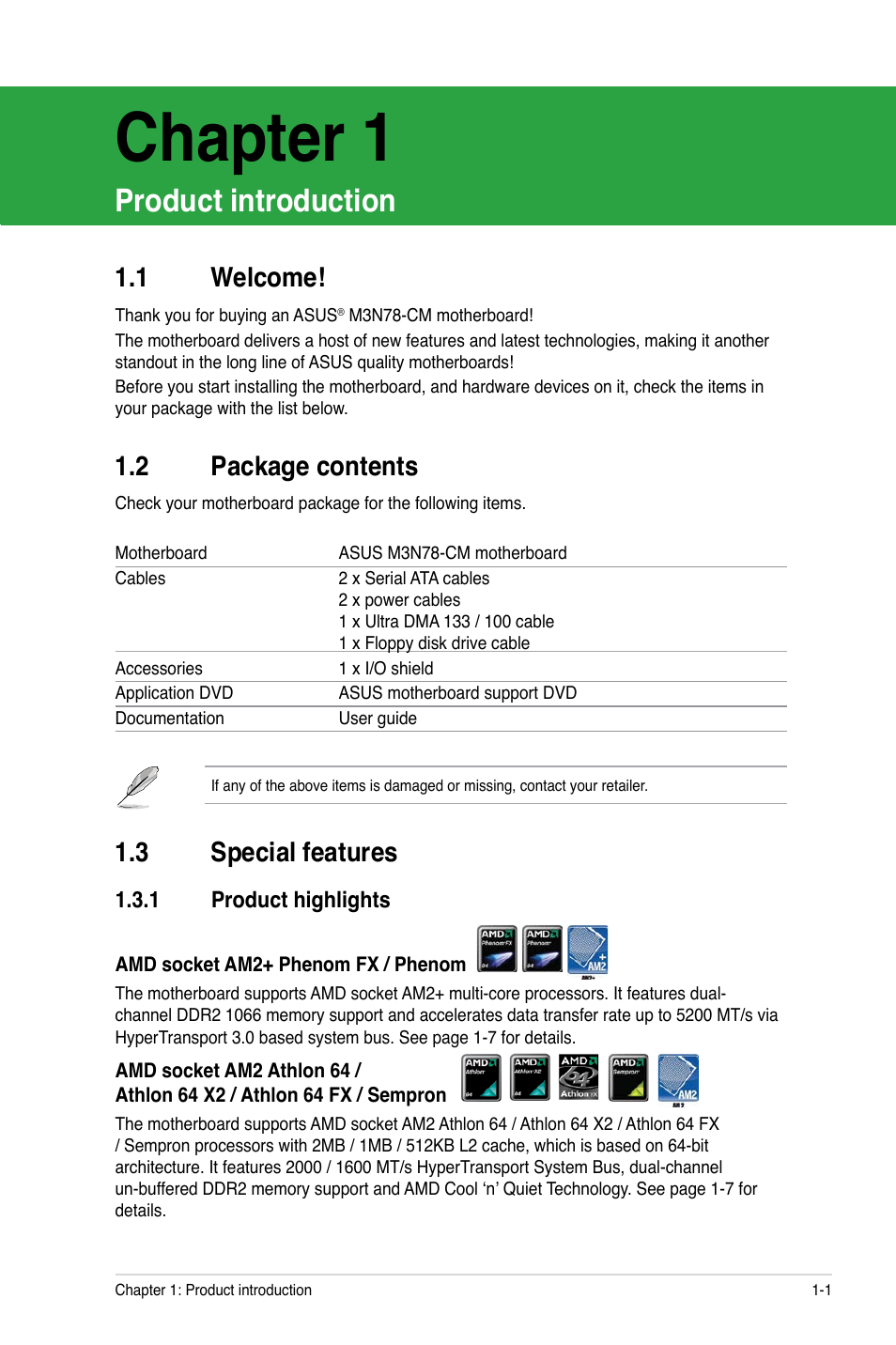 Chapter 1, Product introduction, 1 welcome | 2 package contents, 3 special features | Asus M3N78-CM User Manual | Page 11 / 62