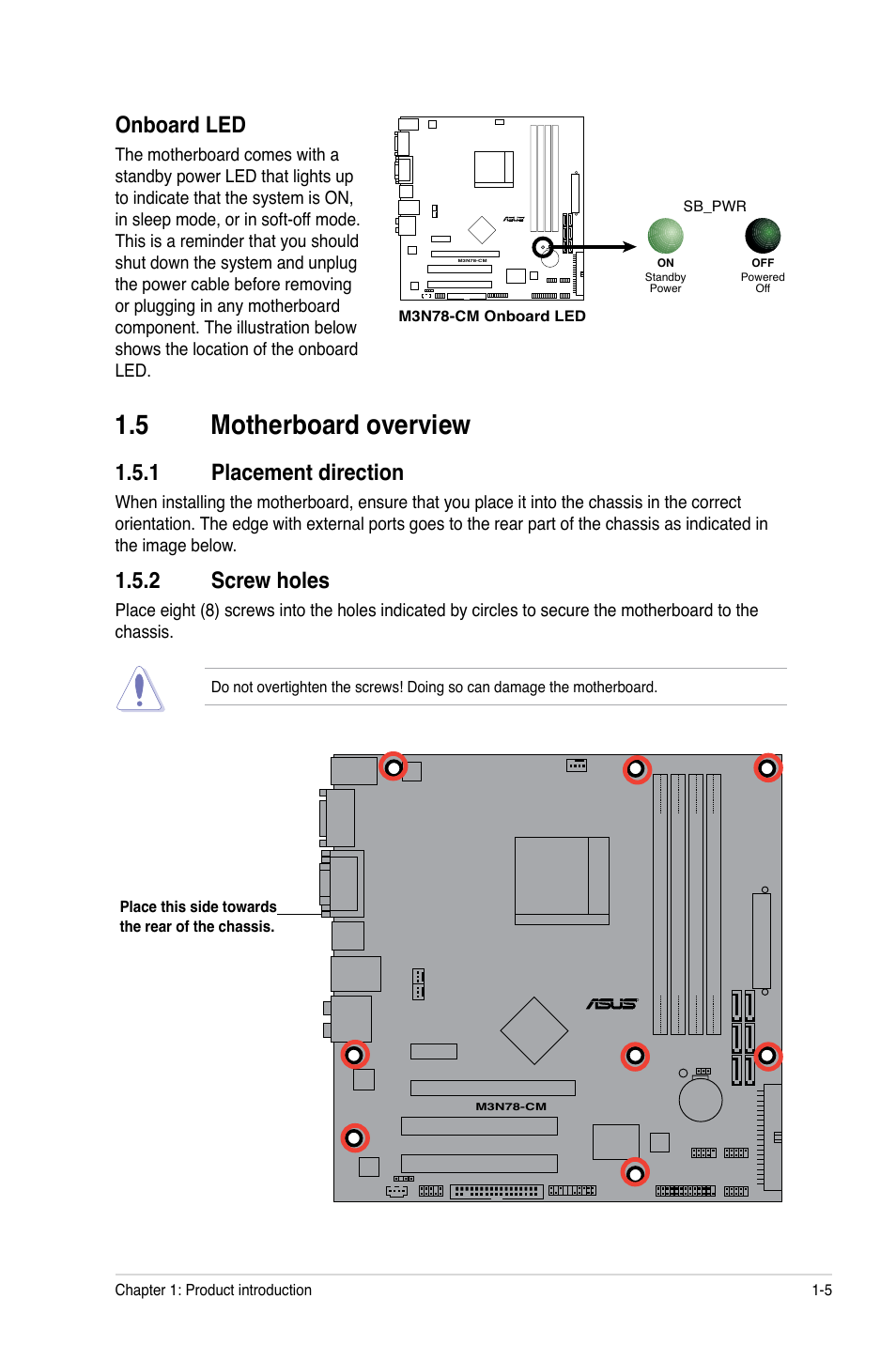 5 motherboard overview, 1 placement direction, 2 screw holes | Onboard led | Asus M3N78-CM User Manual | Page 15 / 62