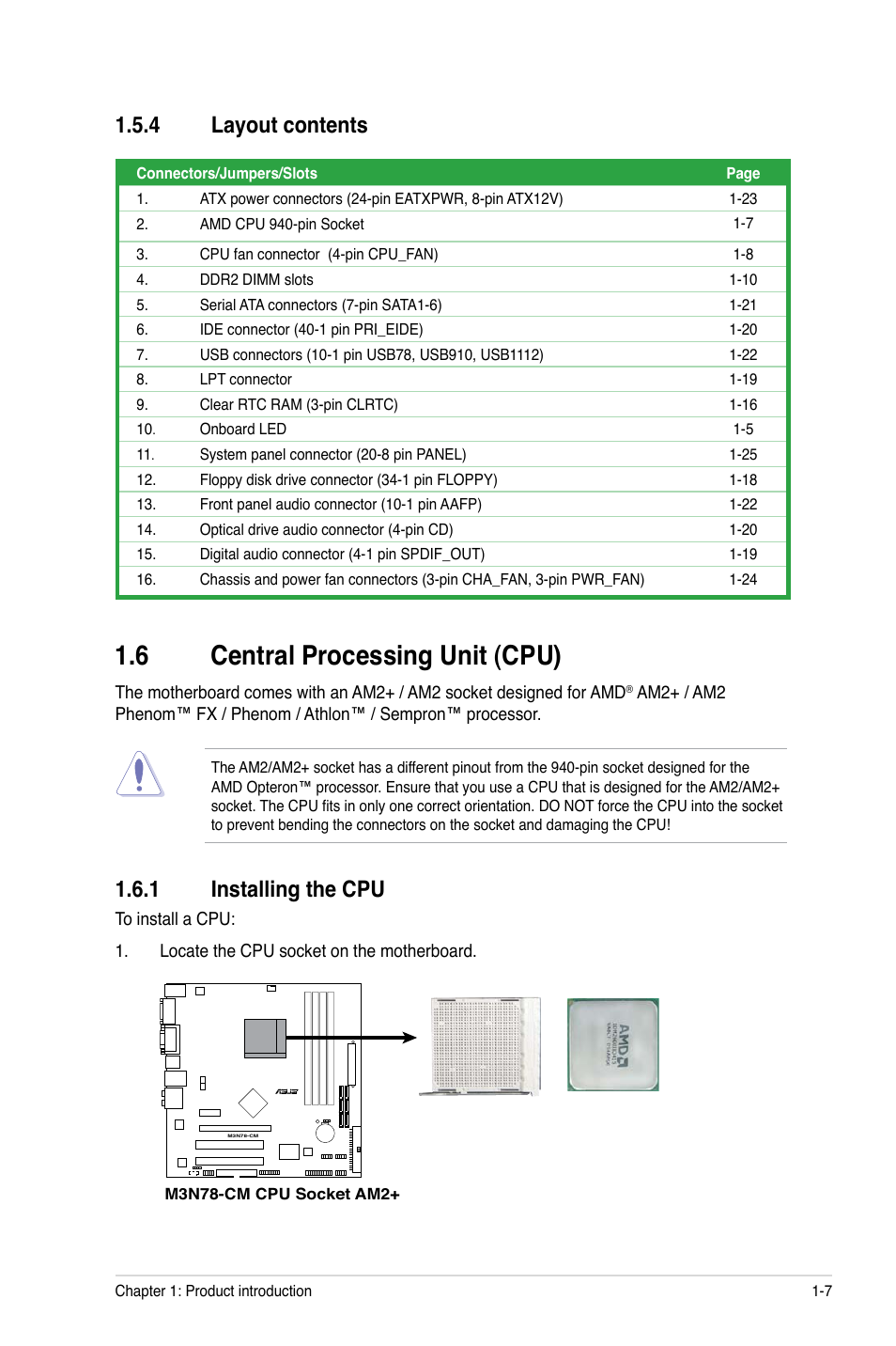 6 central processing unit (cpu), 4 layout contents, 1 installing the cpu | Asus M3N78-CM User Manual | Page 17 / 62