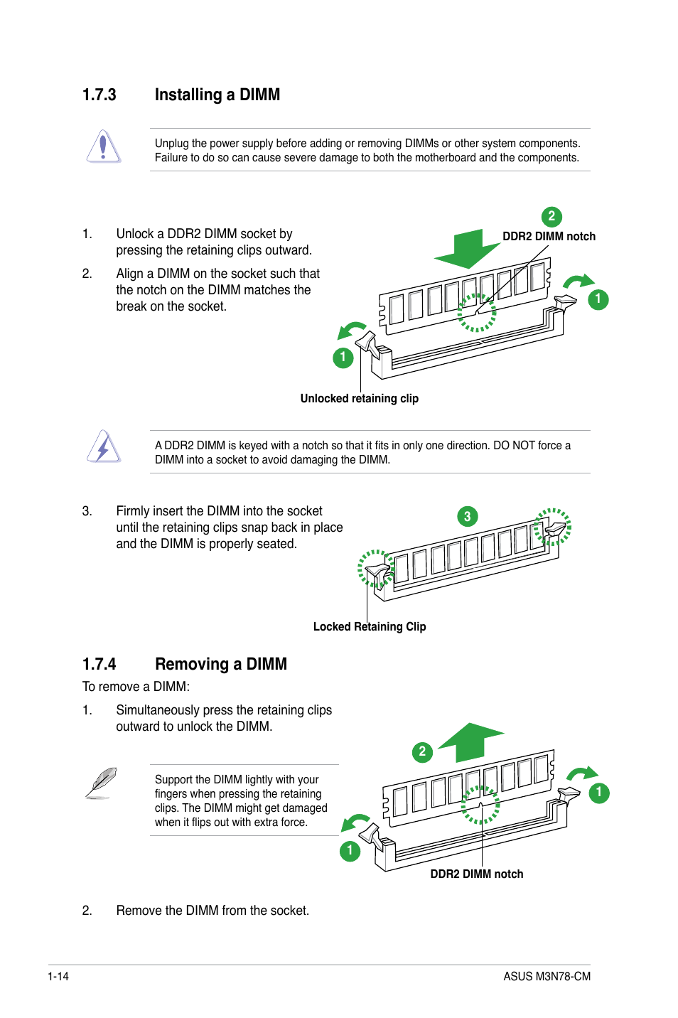 3 installing a dimm, 4 removing a dimm | Asus M3N78-CM User Manual | Page 24 / 62