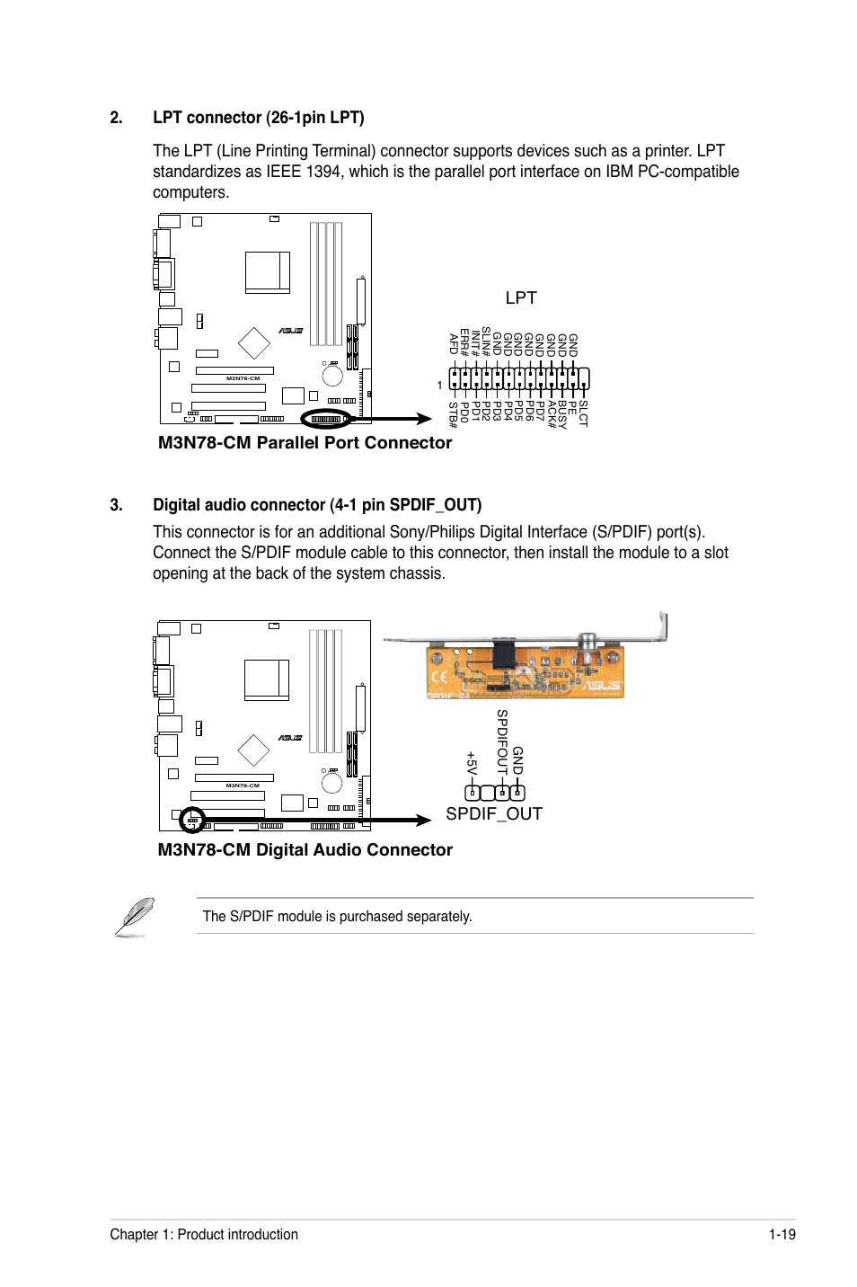 M3n78-cm parallel port connector lpt, M3n78-cm digital audio connector, Spdif_out | Asus M3N78-CM User Manual | Page 29 / 62