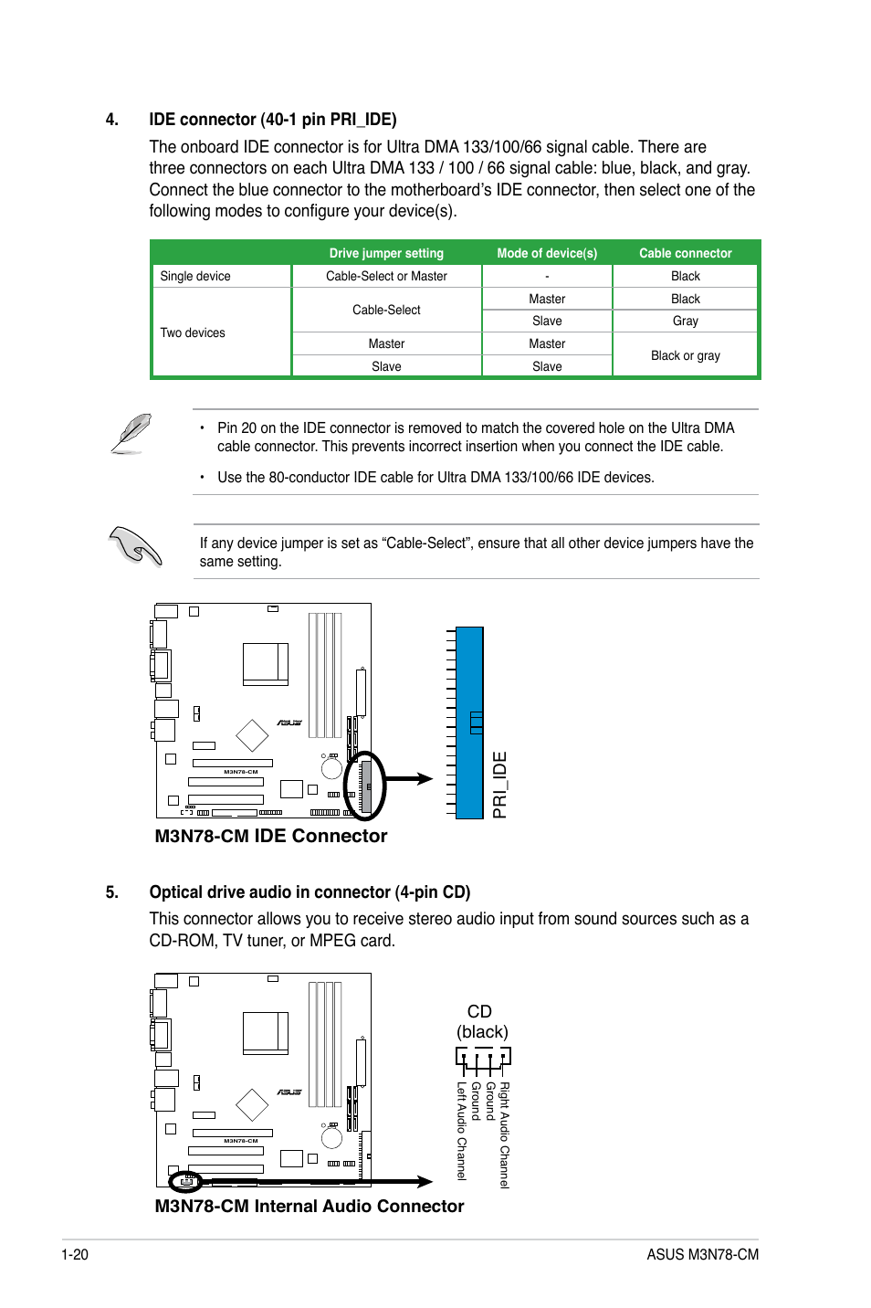 Ide connector, M3n78-cm, Pri_id e | M3n78-cm internal audio connector cd (black) | Asus M3N78-CM User Manual | Page 30 / 62