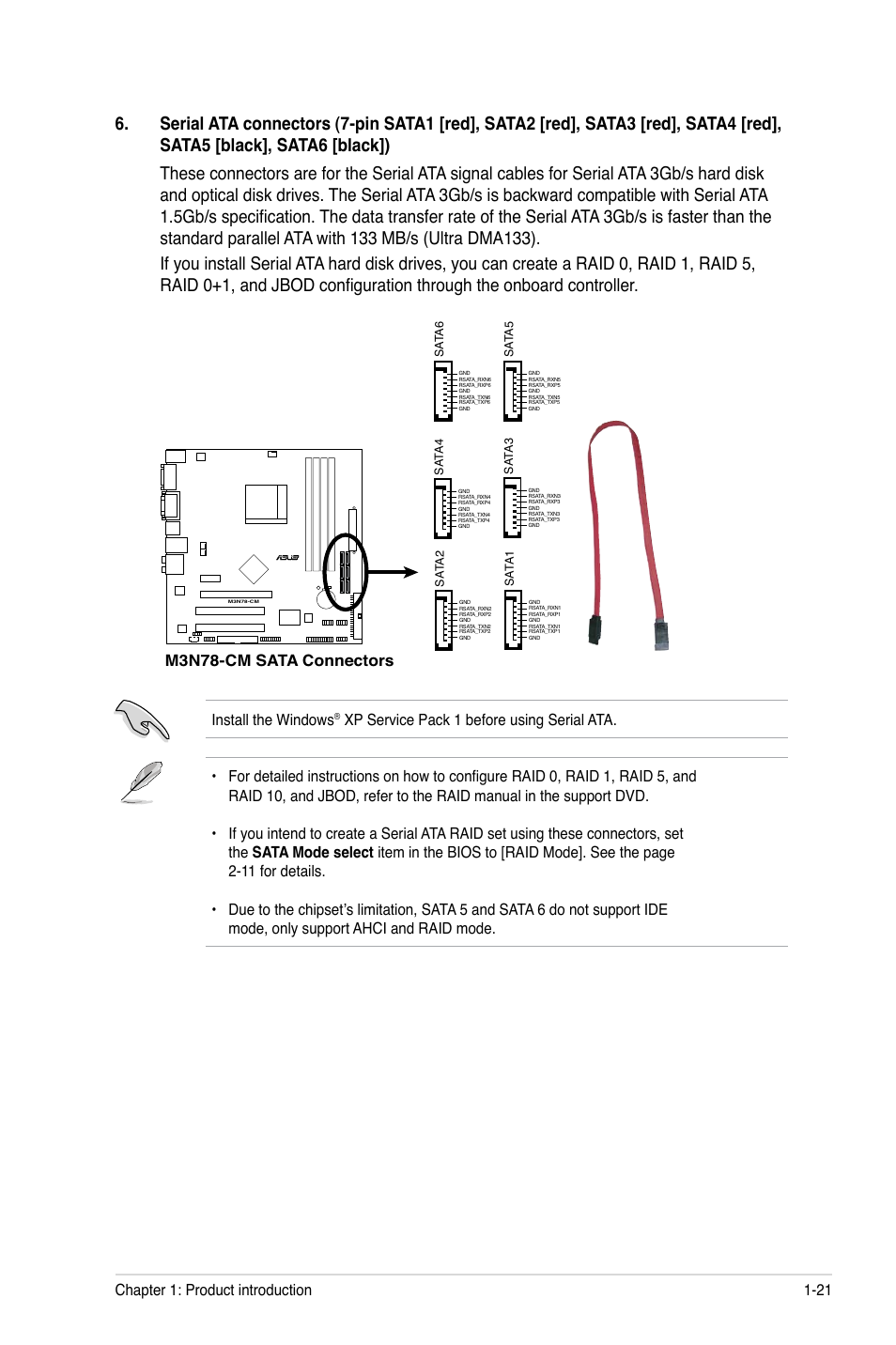 Install the windows, M3n78-cm sata connectors, Chapter 1: product introduction 1-21 | Asus M3N78-CM User Manual | Page 31 / 62